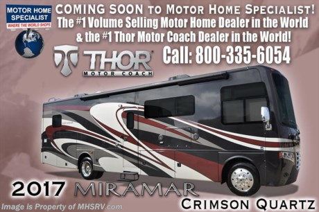 4/24/17 &lt;a href=&quot;http://www.mhsrv.com/thor-motor-coach/&quot;&gt;&lt;img src=&quot;http://www.mhsrv.com/images/sold-thor.jpg&quot; width=&quot;383&quot; height=&quot;141&quot; border=&quot;0&quot;/&gt;&lt;/a&gt; Buy This Unit Now During the World&#39;s RV Show. Online Show Price Available at MHSRV .com Now through April 22nd, 2017 or Call 800-335-6054.  Visit MHSRV.com or Call 800-335-6054 for Upfront &amp; Every Day Low Sale Price! Family Owned &amp; Operated and the #1 Volume Selling Motor Home Dealer in the World as well as the #1 Thor Motor Coach Dealer in the World.  
MSRP $174,444. The New 2017 Thor Motor Coach Miramar 35.2 Model. This class A gas motor home measures approximately 36 feet 10 inches in length and features 2 slides including a full wall slide, theater seats, booth dinette, sofa sleeper, retractable TV, overhead loft and a king size bed. Options include the beautiful full body paint exterior, frameless dual pane windows and a 12V attic fan. The 2017 Thor Motor Coach Miramar also features one of the most impressive lists of standard equipment in the RV industry including a Ford Triton V-10 engine, Ford 22 Series chassis, high polished aluminum wheels, automatic leveling system with touch pad controls, power patio awning with LED lights, frameless windows, slide-out room awning toppers, heated/remote exterior mirrors with integrated side view cameras, side hinged baggage doors, headlamps with LED accent lights, heated and enclosed holding tanks, residential refrigerator, Onan generator, water heater, pass-thru storage, roof ladder, one-piece windshield, LCD back-up monitor with camera, solid wood raised panel cabinet doors, 3 burner cook top with oven, OTR microwave, bedroom TV, 50 amp service, emergency start switch, system control center, hitch, electric entrance steps, power privacy shade, soft touch vinyl ceilings, glass door shower and the RAPID CAMP remote system. Rapid Camp allows you to operate your slide-out room, generator, leveling jacks when applicable, power awning, selective lighting and more all from a touchscreen remote control. For additional coach information, brochures, window sticker, videos, photos, Miramar reviews, testimonials as well as additional information about Motor Home Specialist and our manufacturers&#39; please visit us at MHSRV .com or call 800-335-6054. At Motor Home Specialist we DO NOT charge any prep or orientation fees like you will find at other dealerships. All sale prices include a 200 point inspection, interior &amp; exterior wash, detail service and the only dealer performed and fully automated high pressure rain booth test in the industry. You will also receive a thorough coach orientation with an MHSRV technician, an RV Starter&#39;s kit, a night stay in our delivery park featuring landscaped and covered pads with full hook-ups and much more! Read From Thousands of Testimonials at MHSRV.com and See What They Had to Say About Their Experience at Motor Home Specialist. WHY PAY MORE?... WHY SETTLE FOR LESS?