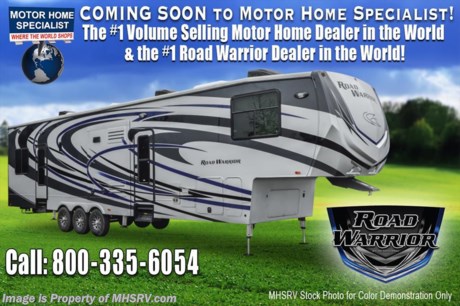 SOLD 4/11/17 AL - http://www.mhsrv.com/soldtags.php#5th wheel * #1 ROAD WARRIOR DEALER 3 YEARS IN A ROW! Family Owned &amp; Operated. Over $135 Million Dollars in Inventory Available. Lowest Prices &amp; the Premier Service &amp; Walk-Through Process that can only be found at the #1 Volume Selling Motor Home Dealer in the World! The Road Warrior multi-lifestyle vehicles combine all the best that fifth wheel RVing has to offer with the versatility of a toy hauler garage model.  MSRP $133,335. New 2017 Heartland Road Warrior 427RW fifth wheel RV is approximately 44 feet 1 inch in length featuring 2 separate patios, bath &amp; 1/2, generator &amp; more! Options include the beautiful full body paint exterior, residential refrigerator, Dyson cordless vacuum, dual pane windows, Canadian Arctic package, large exterior TV, removable edged cargo carpet, a 3rd A/C, (2) attic fans, ramp door patio with rear electric awning, ramp door patio steps, 3 season removable garage wall and a large garage TV! This beautiful fifth wheel also includes the Road Warrior Suite &amp; Ultimate packages which feature quad aluminum entry steps, hydraulic 6 point leveling system, 7,000 lb. Dexter Axles, 50 amp service, Onan 5.5KW generator, exterior shower, heated and enclosed underbelly, slam latch baggage doors, LED lights, high gloss sidewalls, painted front cap, spare tire, solar prep, rear garage screen, rear electric bed with convertible sofa, hardwood cabinet doors, full extension ball bearing drawer guides, sold surface counters, 3 burner range, stainless steel appliances, LED TV&#39;s in the living room and bedroom, exterior speakers and much more. For additional coach information, brochures, window sticker, videos, photos, Road Warrior reviews &amp; testimonials as well as additional information about Motor Home Specialist and our manufacturers please visit us at MHSRV .com or call 800-335-6054. At Motor Home Specialist we DO NOT charge any prep or orientation fees like you will find at other dealerships. All sale prices include a 200 point inspection, interior &amp; exterior wash, detail service and the only dealer performed and fully automated high pressure rain booth test in the industry. You will also receive a thorough coach orientation with an MHSRV technician, an RV Starter&#39;s kit, a night stay in our delivery park featuring landscaped and covered pads with full hook-ups and much more! Read Thousands of Testimonials at MHSRV.com and See What They Had to Say About Their Experience at Motor Home Specialist. WHY PAY MORE?... WHY SETTLE FOR LESS?