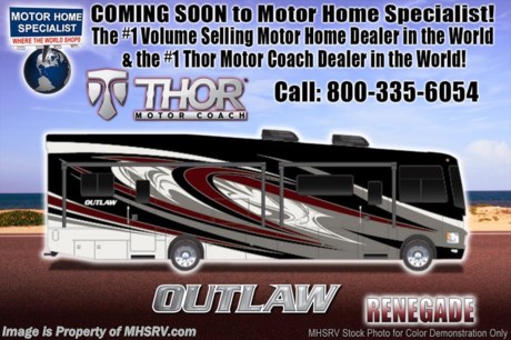 12-4-17 &lt;a href=&quot;http://www.mhsrv.com/thor-motor-coach/&quot;&gt;&lt;img src=&quot;http://www.mhsrv.com/images/sold-thor.jpg&quot; width=&quot;383&quot; height=&quot;141&quot; border=&quot;0&quot; /&gt;&lt;/a&gt; 
MSRP $208,913. New 2018 Bath &amp; 1/2 Outlaw 38RE Residence Edition measures approximately 39 feet 11 inches in length and is unlike any other class A motor home on the market today. From its unmistakable vaulted living room and galley ceilings that provide an approximate 8&#39; shower height to its almost 9&#39; Cathedral style bedroom ceiling with drop down ceiling fan! The master bedroom is further highlighted by an elevated window with power shade at the foot of the king size bed creating the only &quot;Starlight&quot; window in the industry. The ceilings, however, are just a small part of what makes the Outlaw Residence Edition such an amazing motor home. You can walk through the master bedroom and rear half bath out onto the only above ground patio deck on a class A motor home floor plan available today. The patio is also head and shoulders above the norm featuring a massive LED TV, sound bar, sink, exterior refrigerator, rear patio awning and even a set of rear steps for access to and from the patio without having to walk through the motor home! All of the exterior kitchen and entertainment amenities are easily secured by the 38RE&#39;s roll down metal storage door with lock. Options include the beautiful full body paint and frameless dual pane windows. The 38RE also features an electric side &amp; rear patio awnings and second exterior LED TV. But the unique and residential features don&#39;t stop there. You will also find perhaps the largest booth/sleeper in the industry, a power drop-down cabover loft, a residential refrigerator, pre-plumbing for either a stack or combo washer/dryer and a large LED living room TV with easy viewing even when the slide-out rooms are in. The 38RE rides on the industry leading Ford 26,000lb chassis w/8,000lb. hitch, has beautiful high polished aluminum wheels and an unbelievable 158 cu. ft. of exterior storage and 150 gallons of fresh water tank capacity for extended tail-gating and dry-camping capabilities! You will also find, not only, two roof A/C units, but a third wall mount A/C unit in bedroom, swivel front seats with extra table, frameless windows, 3-camera monitoring system, LED ceiling lighting, solid surface kitchen counter &amp; table, LED TV in master bedroom, power charging center, an 1,800 watt inverter and much more! For more complete details on this unit and our entire inventory including brochures, window sticker, videos, photos, reviews &amp; testimonials as well as additional information about Motor Home Specialist and our manufacturers please visit us at MHSRV.com or call 800-335-6054. At Motor Home Specialist, we DO NOT charge any prep or orientation fees like you will find at other dealerships. All sale prices include a 200-point inspection, interior &amp; exterior wash, detail service and a fully automated high-pressure rain booth test and coach wash that is a standout service unlike that of any other in the industry. You will also receive a thorough coach orientation with an MHSRV technician, an RV Starter&#39;s kit, a night stay in our delivery park featuring landscaped and covered pads with full hook-ups and much more! Read Thousands upon Thousands of 5-Star Reviews at MHSRV.com and See What They Had to Say About Their Experience at Motor Home Specialist. WHY PAY MORE?... WHY SETTLE FOR LESS?