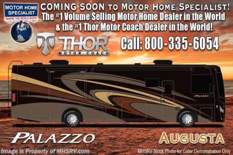 9-11-17 &lt;a href=&quot;http://www.mhsrv.com/thor-motor-coach/&quot;&gt;&lt;img src=&quot;http://www.mhsrv.com/images/sold-thor.jpg&quot; width=&quot;383&quot; height=&quot;141&quot; border=&quot;0&quot; /&gt;&lt;/a&gt;   MSRP $229,908. The New 2018 Thor Motor Coach Palazzo Diesel Pusher Model 36.3 Bath &amp; 1/2 is approximately 37 feet 7 inches in length and features (2) slide-out rooms, bath &amp; 1/2, king Tilt-A-View bed, 340 HP Cummins diesel engine with 700 lbs. of torque and a Freightliner XC chassis. New features for 2018 include a multi-plex wiring system, solar charging with Bluetooth controller, new radio with navigation, Carefree Latitude legless awning with Fixguard weather wrap, new flooring and much more. Options include the beautiful full body paint and theater seats IPO sofa. The Palazzo also features exterior LED TV, invisible front paint protection &amp; front electric drop-down overhead loft, 6,000 Onan diesel generator with AGS, solid surface counters, power driver&#39;s seat, inverter, residential refrigerator, solid surface countertops, (2) ducted roof A/C units, 3-camera monitoring system, one piece windshield, fiberglass storage compartments, fully automatic hydraulic leveling system, automatic entry step and much more. For more complete details on this unit including brochures, window sticker, videos, photos, reviews &amp; testimonials as well as additional information about Motor Home Specialist and our manufacturers please visit us at MHSRV .com or call 800-335-6054. At Motor Home Specialist we DO NOT charge any prep or orientation fees like you will find at other dealerships. All sale prices include a 200 point inspection, interior &amp; exterior wash, detail service and the only dealer performed and fully automated high pressure rain booth test in the industry. You will also receive a thorough coach orientation with an MHSRV technician, an RV Starter&#39;s kit, a night stay in our delivery park featuring landscaped and covered pads with full hook-ups and much more! Read Thousands of Testimonials at MHSRV.com and See What They Had to Say About Their Experience at Motor Home Specialist. WHY PAY MORE?... WHY SETTLE FOR LESS?