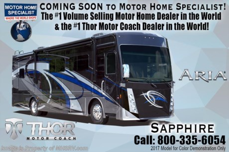 10/9/17 &lt;a href=&quot;http://www.mhsrv.com/thor-motor-coach/&quot;&gt;&lt;img src=&quot;http://www.mhsrv.com/images/sold-thor.jpg&quot; width=&quot;383&quot; height=&quot;141&quot; border=&quot;0&quot; /&gt;&lt;/a&gt; 
MSRP $274,330. The New 2018 Thor Motor Coach Aria Diesel Pusher Model 3401 is approximately 34 feet 8 inches in length and features (3) slide-out rooms, king size Tilt-A-View bed, stainless steel residential refrigerator, solid surface counter tops, stack washer/dryer and (2) ducted 15,000 BTU A/Cs with heat pumps. New features for 2018 include a Axxera radio with GPS, Carefree Latitude legless awning with Fixguard weather wrap, wood framed wardrobe doors and an upgraded Skim Buff paint exterior. Options include a TV in the cockpit overhead. The Aria is powered by a Cummins 360HP diesel engine, Freightliner XC-R raised rail chassis Allison automatic transmission Air-Ride suspension and automatic leveling jacks with touch pad controls. For more complete details on this unit including brochures, window sticker, videos, photos, reviews &amp; testimonials as well as additional information about Motor Home Specialist and our manufacturers please visit us at MHSRV .com or call 800-335-6054. At Motor Home Specialist we DO NOT charge any prep or orientation fees like you will find at other dealerships. All sale prices include a 200 point inspection, interior &amp; exterior wash, detail service and the only dealer performed and fully automated high pressure rain booth test in the industry. You will also receive a thorough coach orientation with an MHSRV technician, an RV Starter&#39;s kit, a night stay in our delivery park featuring landscaped and covered pads with full hook-ups and much more! Read Thousands of Testimonials at MHSRV.com and See What They Had to Say About Their Experience at Motor Home Specialist. WHY PAY MORE?... WHY SETTLE FOR LESS?