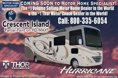 7-11-17 &lt;a href=&quot;http://www.mhsrv.com/thor-motor-coach/&quot;&gt;&lt;img src=&quot;http://www.mhsrv.com/images/sold-thor.jpg&quot; width=&quot;383&quot; height=&quot;141&quot; border=&quot;0&quot;/&gt;&lt;/a&gt; Visit MHSRV.com or Call 800-335-6054 for Sale Pricing on New Arrival 2018 Models and Blow-Out Sale Prices on All Remaining 2017&#39;s! Over $135 Million Dollars in Inventory. Fifteen Major Manufacturers Available. RVs from $19,999 to Over $2 Million and Every Price Point in between. No Games. No Gimmicks. Just Upfront &amp; Every Day Low Sale Prices &amp; Exceptional Service. Why Pay More? Why Settle for Less?
MSRP $132,938. New 2018 Thor Motor Coach Hurricane 29M is approximately 30 feet 8 inches in length with a full wall slide, king bed, exterior TV, Ford Triton V-10 engine and automatic leveling jacks. New features for 2018 include updated d&#233;cor, thicker solid surface counters, raised bathroom vanity, flush covered glass stove top, LED running &amp; marker lights, pre-wired for solar charging, power driver seat and more. Optional equipment includes the beautiful partial paint HD-Max high gloss exterior, dual A/C, 50-amp service and 5.5KW generator. The Thor Motor Coach Hurricane RV also features a tinted one piece windshield, heated and enclosed underbelly, black tank flush, LED ceiling lighting, bedroom TV, power overhead loft, frameless windows, power patio awning with LED lighting, night shades, kitchen backsplash, refrigerator, microwave and much more. For more complete details on this unit including brochures, window sticker, videos, photos, reviews &amp; testimonials as well as additional information about Motor Home Specialist and our manufacturers please visit us at MHSRV.com or call 800-335-6054. At Motor Home Specialist we DO NOT charge any prep or orientation fees like you will find at other dealerships. All sale prices include a 200 point inspection, interior &amp; exterior wash, detail service and the only dealer performed and fully automated high pressure rain booth test in the industry. You will also receive a thorough coach orientation with an MHSRV technician, an RV Starter&#39;s kit, a night stay in our delivery park featuring landscaped and covered pads with full hook-ups and much more! Read Thousands of Testimonials at MHSRV.com and See What They Had to Say About Their Experience at Motor Home Specialist. WHY PAY MORE?... WHY SETTLE FOR LESS?