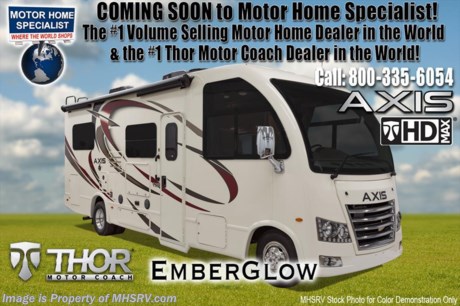 10/9/17 &lt;a href=&quot;http://www.mhsrv.com/thor-motor-coach/&quot;&gt;&lt;img src=&quot;http://www.mhsrv.com/images/sold-thor.jpg&quot; width=&quot;383&quot; height=&quot;141&quot; border=&quot;0&quot; /&gt;&lt;/a&gt; 
MSRP $111,533. Thor Motor Coach has done it again with the world&#39;s first RUV! (Recreational Utility Vehicle) Check out the New 2018 Thor Motor Coach Axis RUV Model 24.1 with slide-out room and two beds that convert to a large bed! The Axis combines Style, Function, Affordability &amp; Innovation like no other RV available in the industry today! It is powered by a Ford Triton V-10 engine and is approximately 25 feet 6 inches in length. Taking superior drivability even one step further, the Axis will also feature something normally only found in a high-end luxury diesel pusher motor coach... an Independent Front Suspension system! With a style all its own the Axis will provide superior handling and fuel economy and appeal to couples &amp; family RVers as well. You will also find another full size power drop down loft above the cockpit, spacious living room and even pass-through exterior storage. Optional equipment includes the HD-Max colored sidewalls and holding tanks with heat pads. New features for 2018 include euro-style cabinet doors with soft close hidden hinges, numerous d&#233;cor updates, attic fan with vent cover mad standard, 15K BTU A/C, larger galley windows, 2 burner gas cooktop, below counter convection microwave, stainless steel galley sink, bathroom vanity heights raised, LED accent lighting throughout, roller shades, new front cap, armless awning, LED running lights and many more. You will also be pleased to find a host of feature appointments that include tinted and frameless windows, power patio awning with LED lights, living room TV, LED ceiling lights, Onan generator, water heater, power and heated mirrors with integrated side-view cameras, back-up camera, 8,000 lb. trailer hitch, spacious cockpit design with unparalleled visibility as well as a fold out map/laptop table and an additional cab table that can easily be stored when traveling.  For more complete details on this unit including brochures, window sticker, videos, photos, reviews &amp; testimonials as well as additional information about Motor Home Specialist and our manufacturers please visit us at MHSRV.com or call 800-335-6054. At Motor Home Specialist we DO NOT charge any prep or orientation fees like you will find at other dealerships. All sale prices include a 200 point inspection, interior &amp; exterior wash, detail service and the only dealer performed and fully automated high pressure rain booth test in the industry. You will also receive a thorough coach orientation with an MHSRV technician, an RV Starter&#39;s kit, a night stay in our delivery park featuring landscaped and covered pads with full hook-ups and much more! Read Thousands of Testimonials at MHSRV.com and See What They Had to Say About Their Experience at Motor Home Specialist. WHY PAY MORE?... WHY SETTLE FOR LESS?