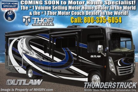 6-15-18 &lt;a href=&quot;http://www.mhsrv.com/thor-motor-coach/&quot;&gt;&lt;img src=&quot;http://www.mhsrv.com/images/sold-thor.jpg&quot; width=&quot;383&quot; height=&quot;141&quot; border=&quot;0&quot;&gt;&lt;/a&gt;  MSRP $207,676.  New 2019 Thor Motor Coach Outlaw Toy Hauler model 37RB is approximately 38 feet 9 inches in length with 2 slide-out rooms, Ford 26-Series chassis with Triton V-10 engine, frameless windows, high polished aluminum wheels, residential refrigerator, electric rear patio awning, bug screen curtain in the garage, roller shades on the driver &amp; passenger windows, as well as drop down ramp door with spring assist &amp; railing for patio use. New features for 2019 include new exterior graphics, updated d&#233;cor stylings, a power driver chair, wi-fi extender, solar charge controller, front cap with chrome light bezels &amp; accent lighting, clear front mask paint protection, 360 Siphon Vent cap, upgraded exterior entertainment center with a sound bar and a tankless water heater system. Options include the beautiful full body exterior, 2 opposing leatherette sofas in the garage and frameless dual pane windows. The Outlaw toy hauler RV has an incredible list of standard features including beautiful wood &amp; interior decor packages, LED TVs, (3) A/C units, power patio awing with integrated LED lighting, dual side entrance doors, 1-piece windshield, a 5500 Onan generator, 3 camera monitoring system, automatic leveling system, Soft Touch leather furniture, day/night shades and much more. For more complete details on this unit and our entire inventory including brochures, window sticker, videos, photos, reviews &amp; testimonials as well as additional information about Motor Home Specialist and our manufacturers please visit us at MHSRV.com or call 800-335-6054. At Motor Home Specialist, we DO NOT charge any prep or orientation fees like you will find at other dealerships. All sale prices include a 200-point inspection, interior &amp; exterior wash, detail service and a fully automated high-pressure rain booth test and coach wash that is a standout service unlike that of any other in the industry. You will also receive a thorough coach orientation with an MHSRV technician, an RV Starter&#39;s kit, a night stay in our delivery park featuring landscaped and covered pads with full hook-ups and much more! Read Thousands upon Thousands of 5-Star Reviews at MHSRV.com and See What They Had to Say About Their Experience at Motor Home Specialist. WHY PAY MORE?... WHY SETTLE FOR LESS?
