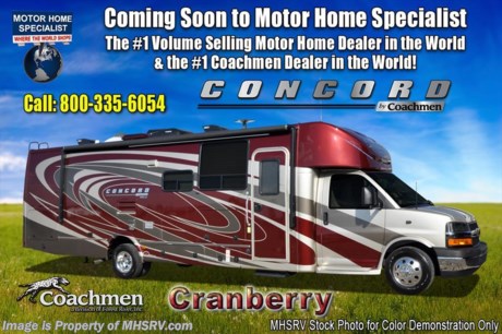 12-11-17 &lt;a href=&quot;http://www.mhsrv.com/coachmen-rv/&quot;&gt;&lt;img src=&quot;http://www.mhsrv.com/images/sold-coachmen.jpg&quot; width=&quot;383&quot; height=&quot;141&quot; border=&quot;0&quot; /&gt;&lt;/a&gt;  
MSRP $139,427. New 2018 Coachmen Concord 300dS Banner Edition with 2 slide-out rooms is approximately 32 feet 9 inches in length and includes both the Concord Premier &amp; Luxury package which features Azdel Composite Sidewall Construction, High-Gloss Color Infused Fiberglass Sidewalls, Molded Fiberglass &quot;Zero-Overhang&quot; Front Cap w/ LED Accent Lights, Molded Fiberglass Rear Cap, Tinted Windows, Stainless Steel Wheel Inserts, Fiberglass Running Boards and Fender Skirts, Heated And Remote Exterior Mirrors, Power Entry Step, Slide Out Awnings, Solar Panel Connection Port, Power Patio Awning w/ Vinyl Weather Guard, LED Patio Light Strip, LED Exterior Tail &amp; Running Lights, 7,500lb. (E450) or 5,000lb. (Chevy 4500) Towing Hitch w/ 7-Way Plug, LED Interior Lighting, Wood Grain Dash Applique, AM/FM/CD Touch Screen Dash Radio &amp; Back Up Camera w/ Bluetooth, Recessed 3 Burner Cooktop w/ Glass Cover &amp; Under-Mount Convection Microwave Oven, Solid Surface Countertops, Roller Bearing Drawer Glides, Upgraded Vinyl Flooring, Hardwood Cabinet Doors &amp; Drawers, Ultra Leather Seating, Soft Touch Vinyl Ceiling, 12x24 LED Pan Light in Living Room, Glass Shower Door, Even-Cool A/C Ducting System, Day-Night Shades, Upgraded Serta Mattress, Bed Area 110V CPAP Ready &amp; 12V/USB Charging Station, 50 Gallon Fresh Water Tank, Water Works Panel w/ Black Tank Flush, Jack Wing TV Antenna, Onan 4.0KW Generator, Front Entertainment Center w/ 32&quot; TV/DVD Player &amp; Sound Bar, Air Assist Rear Suspension, Emergency Start Switch, Bedroom TV Pre-wire, Pop-Up Power Tower, Ext Shower, Upgraded Faucets &amp; Shower Head, Rear Trunk Light, Spare Tire, Travel Easy Roadside Assistance and more. Additional options include the beautiful full body paint exterior, dual recliners, fireplace, aluminum rims, bedroom TV, cockpit table, hydraulic leveling jacks, removable carpet, satellite, driver &amp; passenger swivel seats and an exterior windshield cover. For more complete details on this unit and our entire inventory including brochures, window sticker, videos, photos, reviews &amp; testimonials as well as additional information about Motor Home Specialist and our manufacturers please visit us at MHSRV.com or call 800-335-6054. At Motor Home Specialist, we DO NOT charge any prep or orientation fees like you will find at other dealerships. All sale prices include a 200-point inspection, interior &amp; exterior wash, detail service and a fully automated high-pressure rain booth test and coach wash that is a standout service unlike that of any other in the industry. You will also receive a thorough coach orientation with an MHSRV technician, an RV Starter&#39;s kit, a night stay in our delivery park featuring landscaped and covered pads with full hook-ups and much more! Read Thousands upon Thousands of 5-Star Reviews at MHSRV.com and See What They Had to Say About Their Experience at Motor Home Specialist. WHY PAY MORE?... WHY SETTLE FOR LESS?