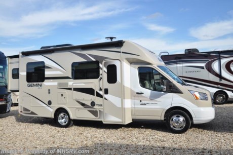 8-13-18 &lt;a href=&quot;http://www.mhsrv.com/thor-motor-coach/&quot;&gt;&lt;img src=&quot;http://www.mhsrv.com/images/sold-thor.jpg&quot; width=&quot;383&quot; height=&quot;141&quot; border=&quot;0&quot;&gt;&lt;/a&gt;     MSRP $108,563. All New 2018 Thor Gemini RUV Model 23TR with slide! The Thor Gemini is as versatile and beautiful as it is easy to drive. It is powered by a 3.2L I-5 Power Stroke&#174; Turbo Diesel engine and built on the Ford Transit chassis measuring approximately 23 feet 6 inches in length. Optional equipment includes the HD-Max colored sidewalls and graphics, 12V attic fan in kitchen and A/C with heat pump. You will also be pleased to find a host of feature appointments that include a tankless water heater, refrigerator with stainless steel door insert, exterior entertainment center, one piece front cap with built in skylight featuring an electric shade, dash applique, swivel passenger chair, euro-style cabinet doors with soft close hidden hinges, holding tanks with heat pads as well as exterior &amp; interior LED lighting. For more complete details on this unit and our entire inventory including brochures, window sticker, videos, photos, reviews &amp; testimonials as well as additional information about Motor Home Specialist and our manufacturers please visit us at MHSRV.com or call 800-335-6054. At Motor Home Specialist, we DO NOT charge any prep or orientation fees like you will find at other dealerships. All sale prices include a 200-point inspection, interior &amp; exterior wash, detail service and a fully automated high-pressure rain booth test and coach wash that is a standout service unlike that of any other in the industry. You will also receive a thorough coach orientation with an MHSRV technician, an RV Starter&#39;s kit, a night stay in our delivery park featuring landscaped and covered pads with full hook-ups and much more! Read Thousands upon Thousands of 5-Star Reviews at MHSRV.com and See What They Had to Say About Their Experience at Motor Home Specialist. WHY PAY MORE?... WHY SETTLE FOR LESS?