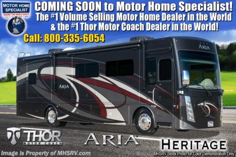 11-12-18 &lt;a href=&quot;http://www.mhsrv.com/thor-motor-coach/&quot;&gt;&lt;img src=&quot;http://www.mhsrv.com/images/sold-thor.jpg&quot; width=&quot;383&quot; height=&quot;141&quot; border=&quot;0&quot;&gt;&lt;/a&gt;   MSRP $317,850. The New 2019 Thor Motor Coach Aria Diesel Pusher Model 3901 bath &amp; &#189; is approximately 39 feet 11 inches in length and features (3) slide-out rooms, bath &amp; 1/2, king size Tilt-A-View inclining bed, large LED HDTV over the fireplace, stainless steel residential refrigerator, solid surface counter tops, stack washer/dryer and (2) ducted 15,000 BTU A/Cs with heat pumps. New features for 2019 include, a Multiplex control system with smartphone app, Winegard ConnecT 4G/Wi-Fi system, redesigned baggage doors, JBL Bluetooth soundbar for home theater, pop-up outlet/USB charger on the kitchen countertops, 360 Siphon Vent cap, metal adjustable shelving throughout and a cockpit TV when available. The Aria is powered by a Cummins 360HP diesel engine, Freightliner XC-R raised rail chassis, Allison automatic transmission Air-Ride suspension and features automatic leveling jacks with touch pad controls, touchscreen dash radio with GPS, polished tile floors and much more. For more complete details on this unit and our entire inventory including brochures, window sticker, videos, photos, reviews &amp; testimonials as well as additional information about Motor Home Specialist and our manufacturers please visit us at MHSRV.com or call 800-335-6054. At Motor Home Specialist, we DO NOT charge any prep or orientation fees like you will find at other dealerships. All sale prices include a 200-point inspection, interior &amp; exterior wash, detail service and a fully automated high-pressure rain booth test and coach wash that is a standout service unlike that of any other in the industry. You will also receive a thorough coach orientation with an MHSRV technician, an RV Starter&#39;s kit, a night stay in our delivery park featuring landscaped and covered pads with full hook-ups and much more! Read Thousands upon Thousands of 5-Star Reviews at MHSRV.com and See What They Had to Say About Their Experience at Motor Home Specialist. WHY PAY MORE?... WHY SETTLE FOR LESS?