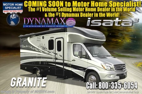 11-6-17 &lt;a href=&quot;http://www.mhsrv.com/other-rvs-for-sale/dynamax-rv/&quot;&gt;&lt;img src=&quot;http://www.mhsrv.com/images/sold-dynamax.jpg&quot; width=&quot;383&quot; height=&quot;141&quot; border=&quot;0&quot; /&gt;&lt;/a&gt; 
MSRP $139,312. The 2018 DynaMax Isata 3 Series model 24FW is approximately 24 feet 7 inches in length and is backed by Dynamax’s industry-leading Two-Year limited Warranty. A few popular features include power stabilizing system, full wall slide-out, GPS, leatherette driver and passenger seats, color 3 camera monitoring system, R-8 insulated sidewalls &amp; floor, tinted frameless windows, full extension drawer guides, privacy shades, solid surface countertops &amp; backsplash, inverter and tank-less on-demand water heater. Optional features includes the beautiful full body paint, 3.2KW Onan diesel generator, T4 In-Motion Satellite, dual reclining theater seats in place of dinette, aluminum wheels, cocktail table between cab seats, cab seat booster cushions and solar panels with amp controller. The Isata 3 is powered by the Mercedes-Benz Sprinter chassis, 3.0L V6 diesel engine featuring a 5,000 lb. hitch. For 2 year limited warranty details contact Dynamax or a MHSRV representative. For more complete details on this unit and our entire inventory including brochures, window sticker, videos, photos, reviews &amp; testimonials as well as additional information about Motor Home Specialist and our manufacturers please visit us at MHSRV.com or call 800-335-6054. At Motor Home Specialist, we DO NOT charge any prep or orientation fees like you will find at other dealerships. All sale prices include a 200-point inspection, interior &amp; exterior wash, detail service and a fully automated high-pressure rain booth test and coach wash that is a standout service unlike that of any other in the industry. You will also receive a thorough coach orientation with an MHSRV technician, an RV Starter&#39;s kit, a night stay in our delivery park featuring landscaped and covered pads with full hook-ups and much more! Read Thousands upon Thousands of 5-Star Reviews at MHSRV.com and See What They Had to Say About Their Experience at Motor Home Specialist. WHY PAY MORE?... WHY SETTLE FOR LESS?