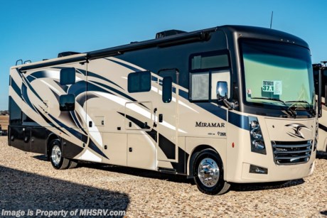 1/2/20 &lt;a href=&quot;http://www.mhsrv.com/thor-motor-coach/&quot;&gt;&lt;img src=&quot;http://www.mhsrv.com/images/sold-thor.jpg&quot; width=&quot;383&quot; height=&quot;141&quot; border=&quot;0&quot;&gt;&lt;/a&gt; MSRP $189,556. The New 2019 Thor Motor Coach Miramar 37.1 bunk model class A gas motor home measures approximately 38 feet 11 inches in length featuring 3 slides, 2 full baths, king size Tilt-A-View bed, Ford Triton V-10 engine, Ford 22 Series chassis, high polished aluminum wheels and automatic leveling system with touch pad controls. New features for 2019 include the new HD-Max partial paint exteriors, new d&#233;cor &amp; updated stylings, Wi-Fi extender, solar charge controller, 360 Siphon Vent cap, upgraded exterior entertainment center with sound bar, battery tray now accommodates both 6V &amp; 12V battery configurations and a tankless water heater system. Options include the beautiful HD-Max partial paint exterior, theater seats and an electric fireplace with remote control. The Thor Motor Coach Miramar also features one of the most impressive lists of standard equipment in the RV industry including a power patio awning with LED lights, Firefly Multiplex Wiring Control System, 84” interior heights, raised panel cabinet doors, induction cooktop, convection microwave, frameless windows, slide-out room awning toppers, heated/remote exterior mirrors with integrated side view cameras, side hinged baggage doors, heated and enclosed holding tanks, residential refrigerator, Onan generator, water heater, pass-thru storage, roof ladder, one-piece windshield, bedroom TV, 50 amp service, emergency start switch, electric entrance steps, power privacy shade, soft touch vinyl ceilings, glass door shower and much more. For more complete details on this unit and our entire inventory including brochures, window sticker, videos, photos, reviews &amp; testimonials as well as additional information about Motor Home Specialist and our manufacturers please visit us at MHSRV.com or call 800-335-6054. At Motor Home Specialist, we DO NOT charge any prep or orientation fees like you will find at other dealerships. All sale prices include a 200-point inspection, interior &amp; exterior wash, detail service and a fully automated high-pressure rain booth test and coach wash that is a standout service unlike that of any other in the industry. You will also receive a thorough coach orientation with an MHSRV technician, an RV Starter&#39;s kit, a night stay in our delivery park featuring landscaped and covered pads with full hook-ups and much more! Read Thousands upon Thousands of 5-Star Reviews at MHSRV.com and See What They Had to Say About Their Experience at Motor Home Specialist. WHY PAY MORE?... WHY SETTLE FOR LESS?