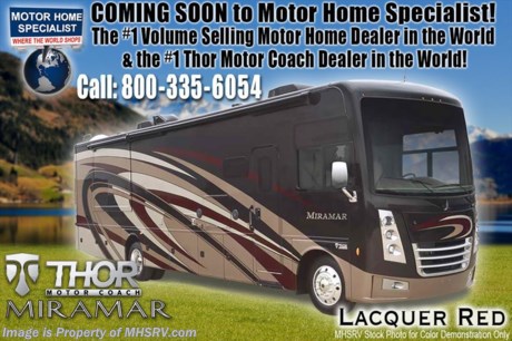 7-30-18 &lt;a href=&quot;http://www.mhsrv.com/thor-motor-coach/&quot;&gt;&lt;img src=&quot;http://www.mhsrv.com/images/sold-thor.jpg&quot; width=&quot;383&quot; height=&quot;141&quot; border=&quot;0&quot;&gt;&lt;/a&gt;  MSRP $195,137. The New 2019 Thor Motor Coach Miramar 37.1 bunk model class A gas motor home measures approximately 38 feet 11 inches in length featuring 3 slides, 2 full baths, king size Tilt-A-View bed, Ford Triton V-10 engine, Ford 22 Series chassis, high polished aluminum wheels and automatic leveling system with touch pad controls. New features for 2019 include the new HD-Max partial paint exteriors, new d&#233;cor &amp; updated stylings, Wi-Fi extender, solar charge controller, 360 Siphon Vent cap, upgraded exterior entertainment center with sound bar, battery tray now accommodates both 6V &amp; 12V battery configurations and a tankless water heater system. Options include the beautiful full body paint exterior, leatherette theater seats, frameless dual pane windows and an electric fireplace with remote control. The Thor Motor Coach Miramar also features one of the most impressive lists of standard equipment in the RV industry including a power patio awning with LED lights, Firefly Multiplex Wiring Control System, 84” interior heights, raised panel cabinet doors, induction cooktop, convection microwave, frameless windows, slide-out room awning toppers, heated/remote exterior mirrors with integrated side view cameras, side hinged baggage doors, heated and enclosed holding tanks, residential refrigerator, Onan generator, water heater, pass-thru storage, roof ladder, one-piece windshield, bedroom TV, 50 amp service, emergency start switch, electric entrance steps, power privacy shade, soft touch vinyl ceilings, glass door shower and much more. For more complete details on this unit and our entire inventory including brochures, window sticker, videos, photos, reviews &amp; testimonials as well as additional information about Motor Home Specialist and our manufacturers please visit us at MHSRV.com or call 800-335-6054. At Motor Home Specialist, we DO NOT charge any prep or orientation fees like you will find at other dealerships. All sale prices include a 200-point inspection, interior &amp; exterior wash, detail service and a fully automated high-pressure rain booth test and coach wash that is a standout service unlike that of any other in the industry. You will also receive a thorough coach orientation with an MHSRV technician, an RV Starter&#39;s kit, a night stay in our delivery park featuring landscaped and covered pads with full hook-ups and much more! Read Thousands upon Thousands of 5-Star Reviews at MHSRV.com and See What They Had to Say About Their Experience at Motor Home Specialist. WHY PAY MORE?... WHY SETTLE FOR LESS?