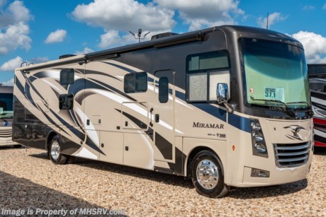 1-2-19 &lt;a href=&quot;http://www.mhsrv.com/thor-motor-coach/&quot;&gt;&lt;img src=&quot;http://www.mhsrv.com/images/sold-thor.jpg&quot; width=&quot;383&quot; height=&quot;141&quot; border=&quot;0&quot;&gt;&lt;/a&gt;  MSRP $188,656. The New 2019 Thor Motor Coach Miramar 37.1 bunk model class A gas motor home measures approximately 38 feet 11 inches in length featuring 3 slides, 2 full baths, king size Tilt-A-View bed, Ford Triton V-10 engine, Ford 22 Series chassis, high polished aluminum wheels and automatic leveling system with touch pad controls. New features for 2019 include the new HD-Max partial paint exteriors, new d&#233;cor &amp; updated stylings, Wi-Fi extender, solar charge controller, 360 Siphon Vent cap, upgraded exterior entertainment center with sound bar, battery tray now accommodates both 6V &amp; 12V battery configurations and a tankless water heater system. Options include the beautiful HD-Max partial paint exterior, theater seats and an electric fireplace with remote control. The Thor Motor Coach Miramar also features one of the most impressive lists of standard equipment in the RV industry including a power patio awning with LED lights, Firefly Multiplex Wiring Control System, 84” interior heights, raised panel cabinet doors, induction cooktop, convection microwave, frameless windows, slide-out room awning toppers, heated/remote exterior mirrors with integrated side view cameras, side hinged baggage doors, heated and enclosed holding tanks, residential refrigerator, Onan generator, water heater, pass-thru storage, roof ladder, one-piece windshield, bedroom TV, 50 amp service, emergency start switch, electric entrance steps, power privacy shade, soft touch vinyl ceilings, glass door shower and much more. For more complete details on this unit and our entire inventory including brochures, window sticker, videos, photos, reviews &amp; testimonials as well as additional information about Motor Home Specialist and our manufacturers please visit us at MHSRV.com or call 800-335-6054. At Motor Home Specialist, we DO NOT charge any prep or orientation fees like you will find at other dealerships. All sale prices include a 200-point inspection, interior &amp; exterior wash, detail service and a fully automated high-pressure rain booth test and coach wash that is a standout service unlike that of any other in the industry. You will also receive a thorough coach orientation with an MHSRV technician, an RV Starter&#39;s kit, a night stay in our delivery park featuring landscaped and covered pads with full hook-ups and much more! Read Thousands upon Thousands of 5-Star Reviews at MHSRV.com and See What They Had to Say About Their Experience at Motor Home Specialist. WHY PAY MORE?... WHY SETTLE FOR LESS?