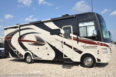 2-5-18 &lt;a href=&quot;http://www.mhsrv.com/coachmen-rv/&quot;&gt;&lt;img src=&quot;http://www.mhsrv.com/images/sold-coachmen.jpg&quot; width=&quot;383&quot; height=&quot;141&quot; border=&quot;0&quot;&gt;&lt;/a&gt;   MSRP $143,041. New 2018 Coachmen Mirada Model 31FW. This RV measures approximately 31 feet in length and features hardwood cabinet doors, full wall slide on the driver&#39;s side and solid surface kitchen counter top. Additional options include an in-motion satellite, exterior entertainment center, dual 15K BTU A/Cs with heat pumps, power drop down loft, Stainless Steel Appliance Package and Travel Easy Roadside Assistance. A few standard features that help to set the Mirada apart include reclining/swivel pilot seats, solar privacy shades throughout, power windshield shade, flush mounted 3 burner range with oven, tile backsplash, glass door shower, Onan generator, automatic transfer switch for easy set-up, pass-thru storage, 3 camera monitoring system, automatic leveling jacks and much more. For more complete details on this unit and our entire inventory including brochures, window sticker, videos, photos, reviews &amp; testimonials as well as additional information about Motor Home Specialist and our manufacturers please visit us at MHSRV.com or call 800-335-6054. At Motor Home Specialist, we DO NOT charge any prep or orientation fees like you will find at other dealerships. All sale prices include a 200-point inspection, interior &amp; exterior wash, detail service and a fully automated high-pressure rain booth test and coach wash that is a standout service unlike that of any other in the industry. You will also receive a thorough coach orientation with an MHSRV technician, an RV Starter&#39;s kit, a night stay in our delivery park featuring landscaped and covered pads with full hook-ups and much more! Read Thousands upon Thousands of 5-Star Reviews at MHSRV.com and See What They Had to Say About Their Experience at Motor Home Specialist. WHY PAY MORE?... WHY SETTLE FOR LESS?