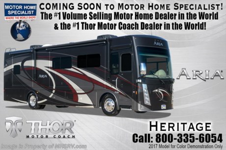 2-12-18 &lt;a href=&quot;http://www.mhsrv.com/thor-motor-coach/&quot;&gt;&lt;img src=&quot;http://www.mhsrv.com/images/sold-thor.jpg&quot; width=&quot;383&quot; height=&quot;141&quot; border=&quot;0&quot;&gt;&lt;/a&gt; MSRP $294,700. The New 2018 Thor Motor Coach Aria Diesel Pusher Model 3901 bath &amp; &#189; is approximately 39 feet 11 inches in length and features (3) slide-out rooms, bath &amp; 1/2, king size Tilt-A-View inclining bed, large LED HDTV over the fireplace, stainless steel residential refrigerator, solid surface counter tops, stack washer/dryer and (2) ducted 15,000 BTU A/Cs with heat pumps. New features for 2018 include a Axxera radio with GPS, Carefree Latitude legless awning with Fixguard weather wrap, wood framed wardrobe doors and an upgraded Skim Buff paint exterior. The Aria is powered by a Cummins 360HP diesel engine, Freightliner XC-R raised rail chassis Allison automatic transmission Air-Ride suspension and automatic leveling jacks with touch pad controls. For more complete details on this unit and our entire inventory including brochures, window sticker, videos, photos, reviews &amp; testimonials as well as additional information about Motor Home Specialist and our manufacturers please visit us at MHSRV.com or call 800-335-6054. At Motor Home Specialist, we DO NOT charge any prep or orientation fees like you will find at other dealerships. All sale prices include a 200-point inspection, interior &amp; exterior wash, detail service and a fully automated high-pressure rain booth test and coach wash that is a standout service unlike that of any other in the industry. You will also receive a thorough coach orientation with an MHSRV technician, an RV Starter&#39;s kit, a night stay in our delivery park featuring landscaped and covered pads with full hook-ups and much more! Read Thousands upon Thousands of 5-Star Reviews at MHSRV.com and See What They Had to Say About Their Experience at Motor Home Specialist. WHY PAY MORE?... WHY SETTLE FOR LESS?