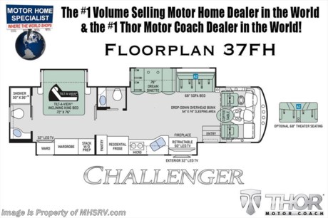 8-6-18 &lt;a href=&quot;http://www.mhsrv.com/thor-motor-coach/&quot;&gt;&lt;img src=&quot;http://www.mhsrv.com/images/sold-thor.jpg&quot; width=&quot;383&quot; height=&quot;141&quot; border=&quot;0&quot;&gt;&lt;/a&gt;  
MSRP $197,550. This bath &amp; 1/2 luxury class A RV measures approximately 38 feet 9 inch in length and features (3) slide-out rooms, king size Tilt-A-View bed, retractable 50&quot; TV, fireplace, frameless dual pane windows, exterior entertainment center, LED lighting, beautiful decor, residential refrigerator, inverter and bedroom TV. The Thor Motor Coach Challenger also features one of the most impressive lists of standard equipment in the RV industry including a Ford Triton V-10 engine, 24-Series ford chassis with aluminum wheels, fully automatic hydraulic leveling system, all tile backsplash, electric overhead Hide-Away loft, electric patio awning with LED lighting, side hinged baggage doors, roller day/night shades, solid surface kitchen counter, dual roof A/C units, 5,500 Onan generator, water heater as well as heated and enclosed holding tanks. For more complete details on this unit and our entire inventory including brochures, window sticker, videos, photos, reviews &amp; testimonials as well as additional information about Motor Home Specialist and our manufacturers please visit us at MHSRV.com or call 800-335-6054. At Motor Home Specialist, we DO NOT charge any prep or orientation fees like you will find at other dealerships. All sale prices include a 200-point inspection, interior &amp; exterior wash, detail service and a fully automated high-pressure rain booth test and coach wash that is a standout service unlike that of any other in the industry. You will also receive a thorough coach orientation with an MHSRV technician, an RV Starter&#39;s kit, a night stay in our delivery park featuring landscaped and covered pads with full hook-ups and much more! Read Thousands upon Thousands of 5-Star Reviews at MHSRV.com and See What They Had to Say About Their Experience at Motor Home Specialist. WHY PAY MORE?... WHY SETTLE FOR LESS?