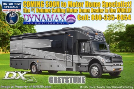 3-9-18 &lt;a href=&quot;http://www.mhsrv.com/other-rvs-for-sale/dynamax-rv/&quot;&gt;&lt;img src=&quot;http://www.mhsrv.com/images/sold-dynamax.jpg&quot; width=&quot;383&quot; height=&quot;141&quot; border=&quot;0&quot;&gt;&lt;/a&gt; MSRP $322,411. 2018 DynaMax DX3 model 37TS with 3 slides. Perhaps the most luxurious yet affordable Super C motor home on the market! Features include the exclusive D-Max design which maximizes structural integrity &amp; stability, Bilstein oversized shock absorbers, bunk DVD players, brake controller, newly designed aerodynamic fiberglass front &amp; rear caps, vacuum-Laminated 2&quot; insulated floor, brake controller, one-piece fiberglass roof, Roto-Formed ribbed storage compartments, side-hinged aluminum compartment doors with paddle latches, integrated Carefree Mirage roof-mounted awnings with LED lighting, heavy duty electric triple series 25 entry step, clear vision frameless windows, Aqua-Hot Hydronic System, Sani-Con emptying system with macerating pump, luxurious porcelain tile flooring, decorative crown molding, MCD day/night shades, solid surface countertops, dual A/Cs with heat pumps, 8KW Onan diesel generator, 3,000 watt inverter with low voltage automatic start and 2 upgraded 4D AGM house batteries. This Model is powered by the upgraded 8.9L Cummins 350HP diesel engine with 1,000 lbs. of torque &amp; massive 33,000 lb. Freightliner M-2 chassis with 20,000 lb. hitch and 4 point fully automatic hydraulic leveling jacks. Options include the beautiful full body exterior 4-Color package, solar panels, diesel Aqua Hot, electric cooktop ILO LP, entertainment center with 50&quot; TV &amp; fireplace IPO love seat, dual reclining theater seats IPO sofa, tile floor in the bedroom instead of carpet, rear rock guard, Mobile Eye Collision Avoidance System and a washer dryer. The DX3 also features an exterior entertainment center, Jacobs C-Brake with low/off/high dash switch, Allison transmission, air brakes with 4 wheel ABS, twin aluminum fuel tanks, electric power windows, remote keyless pad at entry door, Blue-Ray home theater system, In-Motion satellite, flush mounted LED ceiling lights, convection microwave, residential refrigerator, touch screen premium AM/FM/CD/DVD radio, GPS with color monitor, color back-up camera and two color side view cameras.  For more complete details on this unit and our entire inventory including brochures, window sticker, videos, photos, reviews &amp; testimonials as well as additional information about Motor Home Specialist and our manufacturers please visit us at MHSRV.com or call 800-335-6054. At Motor Home Specialist, we DO NOT charge any prep or orientation fees like you will find at other dealerships. All sale prices include a 200-point inspection, interior &amp; exterior wash, detail service and a fully automated high-pressure rain booth test and coach wash that is a standout service unlike that of any other in the industry. You will also receive a thorough coach orientation with an MHSRV technician, an RV Starter&#39;s kit, a night stay in our delivery park featuring landscaped and covered pads with full hook-ups and much more! Read Thousands upon Thousands of 5-Star Reviews at MHSRV.com and See What They Had to Say About Their Experience at Motor Home Specialist. WHY PAY MORE?... WHY SETTLE FOR LESS?