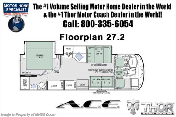 2019 Thor Motor Coach A.C.E. 27.2 RV for Sale W/King Bed, 2 Slides, Ext. TV Floorplan