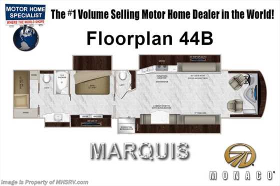 2019 Monaco RV Marquis 44B Bunk Model, Bath &amp;1/2 W/Tech PKG, Satellite Floorplan