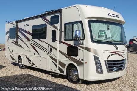 7/13/19 &lt;a href=&quot;http://www.mhsrv.com/thor-motor-coach/&quot;&gt;&lt;img src=&quot;http://www.mhsrv.com/images/sold-thor.jpg&quot; width=&quot;383&quot; height=&quot;141&quot; border=&quot;0&quot;&gt;&lt;/a&gt;    MSRP $130,336. New 2019 Thor Motor Coach A.C.E. Model 30.4 is approximately 31 feet 6 inches in length featuring a full wall slide, modern decor updates, Ford V-10 engine, hydraulic leveling jacks, LED running &amp; marker lights and the beautiful HD-Max exterior. The A.C.E. is the class A &amp; C Evolution. It Combines many of the most popular features of a class A motor home and a class C motor home to make something truly unique to the RV industry. New features for 2019 include a new instrument panel layout now with a 10&quot; touchscreen radio &amp; monitor, bedroom 12V outlet for CPAP machines, a new front cap with chrome grill &amp; chrome light bezels, 360 Siphon Vent cap, 1&quot; fresh water tank drain, the battery tray&#39;s now accomadate both 6V &amp; 12V battery configurations and a soundbar has been added to the exterior entertainment center. Options include the dual A/C, 5.5KW generator, 50-amp service and a single child safety tether. The A.C.E. also features frameless windows, drop down overhead loft, bedroom TV, exterior entertainment center, attic fans, black tank flush, second auxiliary battery, power side mirrors with integrated side view cameras, a mud-room, roof ladder, generator, electric patio awning with integrated LED lights, AM/FM/CD, stainless steel wheel liners, hitch, valve stem extenders, refrigerator, microwave, water heater, one-piece windshield with &quot;20/20 vision&quot; front cap that helps eliminate heat and sunlight from getting into the drivers vision, cockpit mirrors, slide-out workstation in the dash, floor level cockpit window for better visibility while turning and a &quot;below floor&quot; furnace and water heater helping keep the noise to an absolute minimum and the exhaust away from the kids and pets.  For more complete details on this unit and our entire inventory including brochures, window sticker, videos, photos, reviews &amp; testimonials as well as additional information about Motor Home Specialist and our manufacturers please visit us at MHSRV.com or call 800-335-6054. At Motor Home Specialist, we DO NOT charge any prep or orientation fees like you will find at other dealerships. All sale prices include a 200-point inspection, interior &amp; exterior wash, detail service and a fully automated high-pressure rain booth test and coach wash that is a standout service unlike that of any other in the industry. You will also receive a thorough coach orientation with an MHSRV technician, an RV Starter&#39;s kit, a night stay in our delivery park featuring landscaped and covered pads with full hook-ups and much more! Read Thousands upon Thousands of 5-Star Reviews at MHSRV.com and See What They Had to Say About Their Experience at Motor Home Specialist. WHY PAY MORE?... WHY SETTLE FOR LESS?