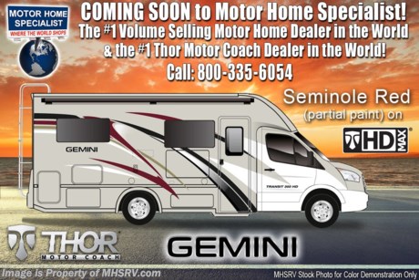 10-22-18 &lt;a href=&quot;http://www.mhsrv.com/thor-motor-coach/&quot;&gt;&lt;img src=&quot;http://www.mhsrv.com/images/sold-thor.jpg&quot; width=&quot;383&quot; height=&quot;141&quot; border=&quot;0&quot;&gt;&lt;/a&gt;  MSRP $131,251. All New 2019 Thor Gemini RUV Model 24X with two slides for sale at Motor Home Specialist; the #1 Volume Selling Motor Home Dealership in the World. The Thor Gemini is as versatile and beautiful as it is easy to drive. It is powered by a 3.0L Mercedes-Benz Diesel engine and built on the Mercedes-Benz Sprinter chassis measuring approximately 26 feet in length. New features for 2019 include not only new exterior &amp; interior d&#233;cor updates but also Multi-plex lighting &amp; systems control, sofa tables with recessed cup holders, bedroom USB power charging center, power bath vent, exterior TV on a swivel bracket with a Bluetooth sound bar, 360 Siphon RV holding tank vent cap, black tank flush and much more. Optional equipment includes the HD-Max colored sidewalls and graphics, 3.2KW Onan diesel generator, attic fan and upgraded A/C with heat pump. You will also be pleased to find a host of standard appointments that include a tankless water heater, refrigerator with stainless steel door insert, dash CD player with navigation, one-piece front cap with built in skylight featuring an electric shade, dash applique, swivel passenger chair, euro-style cabinet doors with soft close hidden hinges, holding tanks with heat pads and so much more. For more complete details on this unit and our entire inventory including brochures, window sticker, videos, photos, reviews &amp; testimonials as well as additional information about Motor Home Specialist and our manufacturers please visit us at MHSRV.com or call 800-335-6054. At Motor Home Specialist, we DO NOT charge any prep or orientation fees like you will find at other dealerships. All sale prices include a 200-point inspection, interior &amp; exterior wash, detail service and a fully automated high-pressure rain booth test and coach wash that is a standout service unlike that of any other in the industry. You will also receive a thorough coach orientation with an MHSRV technician, an RV Starter&#39;s kit, a night stay in our delivery park featuring landscaped and covered pads with full hook-ups and much more! Read Thousands upon Thousands of 5-Star Reviews at MHSRV.com and See What They Had to Say About Their Experience at Motor Home Specialist. WHY PAY MORE?... WHY SETTLE FOR LESS?