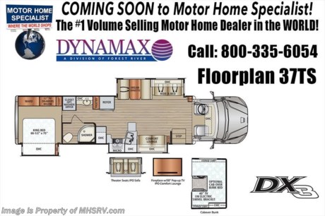3-25-19 &lt;a href=&quot;http://www.mhsrv.com/other-rvs-for-sale/dynamax-rv/&quot;&gt;&lt;img src=&quot;http://www.mhsrv.com/images/sold-dynamax.jpg&quot; width=&quot;383&quot; height=&quot;141&quot; border=&quot;0&quot;&gt;&lt;/a&gt;   MSRP $326,173. 2019 DynaMax DX3 model 37TS with 3 slides. Perhaps the most luxurious yet affordable Super C motor home on the market! Features include the exclusive D-Max design which maximizes structural integrity &amp; stability, Bilstein oversized shock absorbers, diesel Aqua Hot system, Kenwood dash infotainment system, brake controller, newly designed aerodynamic fiberglass front &amp; rear caps, vacuum-Laminated 2&quot; insulated floor, brake controller, one-piece fiberglass roof, Roto-Formed ribbed storage compartments, side-hinged aluminum compartment doors with paddle latches, integrated Carefree Mirage roof-mounted awnings with LED lighting, heavy duty electric triple series 25 entry step, clear vision frameless windows, Sani-Con emptying system with macerating pump, luxurious porcelain tile flooring, decorative crown molding, MCD day/night shades, solid surface countertops, dual A/Cs with heat pumps, 8KW Onan diesel generator, 3,000 watt inverter with low voltage automatic start and 2 upgraded 4D AGM house batteries. This Model is powered by the 8.9L Cummins 350HP diesel engine with 1,000 lbs. of torque &amp; massive 33,000 lb. Freightliner M-2 chassis with 20,000 lb. hitch and 4 point fully automatic hydraulic leveling jacks. Options include the beautiful full body exterior 4-Color package, theater seats, cabover loft, solar panels, rear rock guard and 2 burner electric cooktop IPO gas range. The DX3 also features an exterior entertainment center, Jacobs C-Brake with low/off/high dash switch, Allison transmission, air brakes with 4 wheel ABS, twin aluminum fuel tanks, electric power windows, remote keyless pad at entry door, Blue-Ray home theater system, In-Motion satellite, flush mounted LED ceiling lights, convection microwave, residential refrigerator, touch screen premium AM/FM/CD/DVD radio, GPS with color monitor, color back-up camera and two color side view cameras.  For more complete details on this unit and our entire inventory including brochures, window sticker, videos, photos, reviews &amp; testimonials as well as additional information about Motor Home Specialist and our manufacturers please visit us at MHSRV.com or call 800-335-6054. At Motor Home Specialist, we DO NOT charge any prep or orientation fees like you will find at other dealerships. All sale prices include a 200-point inspection, interior &amp; exterior wash, detail service and a fully automated high-pressure rain booth test and coach wash that is a standout service unlike that of any other in the industry. You will also receive a thorough coach orientation with an MHSRV technician, an RV Starter&#39;s kit, a night stay in our delivery park featuring landscaped and covered pads with full hook-ups and much more! Read Thousands upon Thousands of 5-Star Reviews at MHSRV.com and See What They Had to Say About Their Experience at Motor Home Specialist. WHY PAY MORE?... WHY SETTLE FOR LESS?