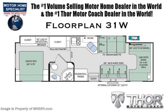 2020 Thor Motor Coach Four Winds 31W RV for Sale W/ Theater Seats, 2 A/Cs Floorplan