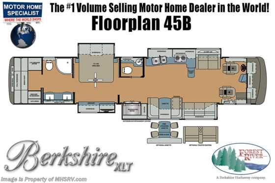 2019 Forest River Berkshire XLT 45B Bath &amp; 1/2 RV W/Theater Seats &amp; Tiled Shower Floorplan
