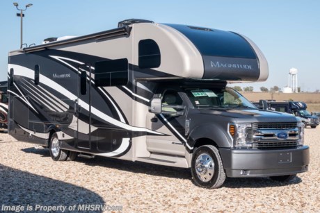 6-3-19 &lt;a href=&quot;http://www.mhsrv.com/thor-motor-coach/&quot;&gt;&lt;img src=&quot;http://www.mhsrv.com/images/sold-thor.jpg&quot; width=&quot;383&quot; height=&quot;141&quot; border=&quot;0&quot;&gt;&lt;/a&gt;    MSRP $213,038. New 2019 Thor Motor Coach Magnitude BB35 Super C is approximately 36 feet 8 inches in length with a full wall slide, 330hp Powerstroke 6.7L diesel engine with 750 lb.-ft. torque, F-550XLT chassis, 10K lb. hitch, Mobile Eye driver assistance will collision and lane-departure warning, SYNC 3 Enhanced Voice Recognition Communications and Entertainment System. 8&quot; Color LCD capacitive touchscreen with swiping capability, 911 assist, AppLink and smart-charging USB ports and navigation. This beautiful RV also features the optional single child safety tether. The 2019 Magnitude Super C also features a 3 camera monitoring system, aluminum wheels, automatic leveling jacks, power patio awning with LED lighting, frameless windows, keyless entry, residential refrigerator, large OTR convection microwave, solid surface kitchen counter top, ball bearing drawer guides, King size bed, large TV in living area, exterior entertainment center with sound bar, Wi-Fi Ranger/Extender, 6KW Onan diesel generator with automatic generator start, multiplex wiring control system, tankless water heater, 1800-watt inverter and much more. For more complete details on this unit and our entire inventory including brochures, window sticker, videos, photos, reviews &amp; testimonials as well as additional information about Motor Home Specialist and our manufacturers please visit us at MHSRV.com or call 800-335-6054. At Motor Home Specialist, we DO NOT charge any prep or orientation fees like you will find at other dealerships. All sale prices include a 200-point inspection, interior &amp; exterior wash, detail service and a fully automated high-pressure rain booth test and coach wash that is a standout service unlike that of any other in the industry. You will also receive a thorough coach orientation with an MHSRV technician, an RV Starter&#39;s kit, a night stay in our delivery park featuring landscaped and covered pads with full hook-ups and much more! Read Thousands upon Thousands of 5-Star Reviews at MHSRV.com and See What They Had to Say About Their Experience at Motor Home Specialist. WHY PAY MORE?... WHY SETTLE FOR LESS?