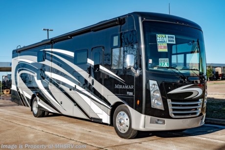 2/2/19 &lt;a href=&quot;http://www.mhsrv.com/thor-motor-coach/&quot;&gt;&lt;img src=&quot;http://www.mhsrv.com/images/sold-thor.jpg&quot; width=&quot;383&quot; height=&quot;141&quot; border=&quot;0&quot;&gt;&lt;/a&gt; MSRP $195,024. The New 2019 Thor Motor Coach Miramar 37.1 bunk model class A gas motor home measures approximately 38 feet 11 inches in length featuring 3 slides, 2 full baths, king size Tilt-A-View bed, Ford Triton V-10 engine, Ford 22 Series chassis, high polished aluminum wheels and automatic leveling system with touch pad controls. New features for 2019 include the new HD-Max partial paint exteriors, new d&#233;cor &amp; updated stylings, Wi-Fi extender, solar charge controller, 360 Siphon Vent cap, upgraded exterior entertainment center with sound bar, battery tray now accommodates both 6V &amp; 12V battery configurations and a tankless water heater system. Options include the beautiful full body paint exterior, frameless dual pane windows and an electric fireplace with remote control. The Thor Motor Coach Miramar also features one of the most impressive lists of standard equipment in the RV industry including a power patio awning with LED lights, Firefly Multiplex Wiring Control System, 84” interior heights, raised panel cabinet doors, induction cooktop, convection microwave, frameless windows, slide-out room awning toppers, heated/remote exterior mirrors with integrated side view cameras, side hinged baggage doors, heated and enclosed holding tanks, residential refrigerator, Onan generator, water heater, pass-thru storage, roof ladder, one-piece windshield, bedroom TV, 50 amp service, emergency start switch, electric entrance steps, power privacy shade, soft touch vinyl ceilings, glass door shower and much more. For more complete details on this unit and our entire inventory including brochures, window sticker, videos, photos, reviews &amp; testimonials as well as additional information about Motor Home Specialist and our manufacturers please visit us at MHSRV.com or call 800-335-6054. At Motor Home Specialist, we DO NOT charge any prep or orientation fees like you will find at other dealerships. All sale prices include a 200-point inspection, interior &amp; exterior wash, detail service and a fully automated high-pressure rain booth test and coach wash that is a standout service unlike that of any other in the industry. You will also receive a thorough coach orientation with an MHSRV technician, an RV Starter&#39;s kit, a night stay in our delivery park featuring landscaped and covered pads with full hook-ups and much more! Read Thousands upon Thousands of 5-Star Reviews at MHSRV.com and See What They Had to Say About Their Experience at Motor Home Specialist. WHY PAY MORE?... WHY SETTLE FOR LESS?