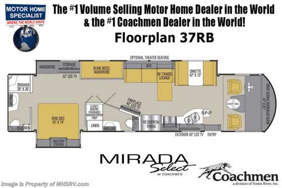 2020 Coachmen Mirada Select 37RB Bunk Model, Bath &amp; 1/2 W/Theater Seating, W/D Floorplan