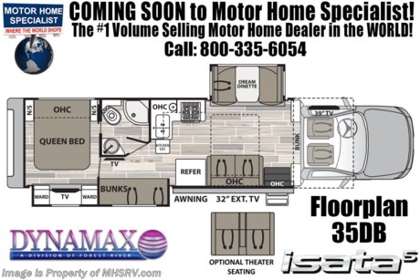 11/2/19 &lt;a href=&quot;http://www.mhsrv.com/other-rvs-for-sale/dynamax-rv/&quot;&gt;&lt;img src=&quot;http://www.mhsrv.com/images/sold-dynamax.jpg&quot; width=&quot;383&quot; height=&quot;141&quot; border=&quot;0&quot;&gt;&lt;/a&gt;   MSRP $207,367. The 2020 Dynamax Isata 5 Series model 35DBD Bunk Model Super C is approximately 36 feet 5 inches in length and is backed by Dynamax’s industry-leading limited Two-Year Coach Warranty. Features include 2 slides, bunk beds, 8KW Onan generator, ESC suspension &amp; stability, fiberglass roof, leatherette reclining captains chairs, remote key-less entry, front cab over loft area, roller shades, full extension drawer guides, LED TV in living area, residential refrigerator, convection microwave oven, solid surface kitchen counter, inverter, automatic generator start, exterior shower and tank-less on-demand water heater. Optional features includes the beautiful full body paint, solar panels, tire pressure monitoring system, rear rock guard, Winegard In-Motion T4 satellite and the Mobileye Collision Avoidance System. The Isata 5 Series is powered by the Ram&#174; 5500 SLT Chassis, 6.7L I6 Cummins&#174; Turbo Diesel 325HP engine, 6-Speed automatic transmission and features a 10,000 lb. hitch. For 2 year limited warranty details contact Dynamax or a MHSRV representative. For more complete details on this unit and our entire inventory including brochures, window sticker, videos, photos, reviews &amp; testimonials as well as additional information about Motor Home Specialist and our manufacturers please visit us at MHSRV.com or call 800-335-6054. At Motor Home Specialist, we DO NOT charge any prep or orientation fees like you will find at other dealerships. All sale prices include a 200-point inspection, interior &amp; exterior wash, detail service and a fully automated high-pressure rain booth test and coach wash that is a standout service unlike that of any other in the industry. You will also receive a thorough coach orientation with an MHSRV technician, an RV Starter&#39;s kit, a night stay in our delivery park featuring landscaped and covered pads with full hook-ups and much more! Read Thousands upon Thousands of 5-Star Reviews at MHSRV.com and See What They Had to Say About Their Experience at Motor Home Specialist. WHY PAY MORE?... WHY SETTLE FOR LESS?