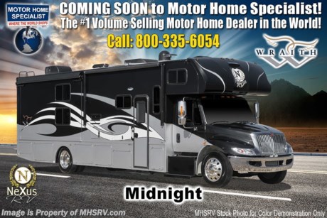 /SOLD 9/21/19 M.S.R.P. $214,829 - New 2020 Nexus Wraith 33W International Diesel Super C RV for Sale at Motor Home Specialist; the #1 Volume Selling Motor Home Dealership in the World. This unit is approximately 33 feet 3 inches in length. Options include: deluxe 4-color exterior paint, convection microwave, stainless steel oven, upgraded A/C with heat pump, Nexair fan, full in-motion satellite, bedroom TV, exterior entertainment center, 8KW Onan generator, 1200 Watt inverter, solar panel, glass shower door, theater seats IPO sofa, deluxe booth dinette, king bed, cab over side windows, roof ladder and side view cameras. This amazing Super C RV also features the Wraith Value Package which includes power driver &amp; passenger seats, water filtration system throughout, heated &amp; remote mirrors, fiberglass roof, high strength low allow steel frame throughout, HVAC metal ducting and outside shower. Additional features found in the Nexus RV include galvanized steel storage boxes, heated and enclosed holding tanks, upgraded Beau™ Flooring and &quot;plug and play&quot; electrical harnesses throughout the coach making every Nexus RV&#39;s electrical system more dependable. Strength, Safety and Customer Satisfaction are the 3 cornerstones found in every Nexus RV. The strength of the International chassis is nothing short of legendary and the 300HP diesel engine delivers exceptional power and performance. The construction of the Nexus RV far exceeds the industry norm. First, and arguable foremost, the Nexus RV boast an all STEEL cage construction instead of the normal aluminum framed construction found in the competition. Steel cage construction is 72% stronger than aluminum and is only common place is RVs such as the Foretravel Realm or a Prevost bus conversion; both of which would have an M.S.R.P. value well over $1 million dollars! That same commitment to strength and safety is found throughout the Nexus line-up. You will also find construction highlights such as 2 layers of Azdel substrate in the sidewalls &amp; roof! The Azdel product provides 3X the insulation value of wood and is 50% lighter which will help optimize your engine’s performance and fuel economy, and because it is not a wood material harvested from the rain forest it is both greener and provides a less that 1% chance of retaining any moisture that could ever lead to wall separation or mold. It is also formaldehyde free, impact resistant and a sound absorbing material creating a much quieter RV. To further protect and insulate the RV from the elements Nexus utilizes high grade UV protected automotive window seals. The roof is a pre-stamped metal roof truss system that is further highlighted by the exterior layer of seamless fiberglass as opposed to the normal TPO or &quot;rubber roofs&quot; found in most RVs built today. The steel roof is also designed to incorporate Nexus RV&#39;s Easy-Flow Air Distribution system. This HVAC ducting is a tried-and-true system that provides more evenly distributed A/C throughout the coach as well as helps promote cleaner air and reduce allergens. For more complete details on this unit and our entire inventory including brochures, window sticker, videos, photos, reviews &amp; testimonials as well as additional information about Motor Home Specialist and our manufacturers please visit us at MHSRV.com or call 800-335-6054. At Motor Home Specialist, we DO NOT charge any prep or orientation fees like you will find at other dealerships. All sale prices include a 200-point inspection, interior &amp; exterior wash, detail service and a fully automated high-pressure rain booth test and coach wash that is a standout service unlike that of any other in the industry. You will also receive a thorough coach orientation with an MHSRV technician, an RV Starter&#39;s kit, a night stay in our delivery park featuring landscaped and covered pads with full hook-ups and much more! Read Thousands upon Thousands of 5-Star Reviews at MHSRV.com and see what they had to say about their experience at Motor Home Specialist. MHSRV.com or 800-335-6054 - Why Pay More? Why Settle for Less?