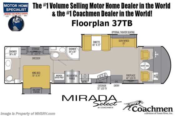 2020 Coachmen Mirada Select 37TB 2 Full Bathrooms, 2 A/C, Salon Bunk, Theater Seat Floorplan