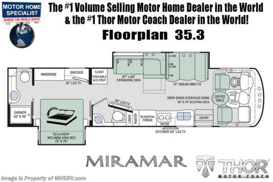 2020 Thor Motor Coach Miramar 35.3 Bath &amp; 1/2 RV W/ King, FBP &amp; OH Loft Floorplan
