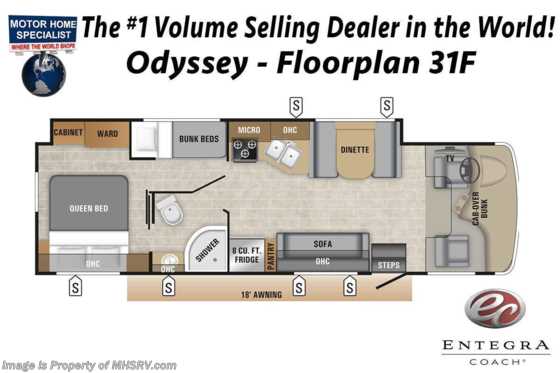 2020 Entegra Coach Odyssey 31F Bunk Model W/ Jacks &amp; Bedroom TV Floorplan