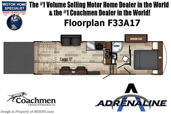 2020 Coachmen Adrenaline F33A17 Toy Hauler W/ 2 A/Cs &amp; 5.5KW Gen Floorplan