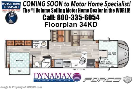 2020 Dynamax Corp Force HD 34KD Super C Diesel RV W/ Solar, TPMS, W/D, MobilEye Floorplan