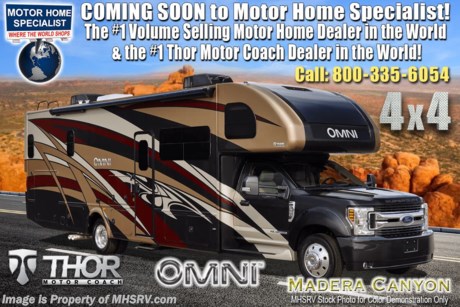 7/25/20 &lt;a href=&quot;http://www.mhsrv.com/thor-motor-coach/&quot;&gt;&lt;img src=&quot;http://www.mhsrv.com/images/sold-thor.jpg&quot; width=&quot;383&quot; height=&quot;141&quot; border=&quot;0&quot;&gt;&lt;/a&gt; MSRP $220,493. New 2020 Thor Motor Coach Omni SV34 Super C is approximately 35 feet 6 inches in length with a full wall slide, 330hp Powerstroke 6.7L diesel engine with 750 lb.-ft. torque, F-550XLT 4X4 chassis, 10K lb. hitch, Mobile Eye driver assistance will collision and lane-departure warning, SYNC 3 Enhanced Voice Recognition Communications and Entertainment System, 8&quot; Color LCD touchscreen with swiping capability, 911 assist, AppLink and smart-charging USB ports and navigation. This beautiful RV features the optional leatherette theater seats with footrests. The Omni Super C also features a 3 camera monitoring system, aluminum wheels, automatic leveling jacks, power patio awning with LED lighting, frameless windows, keyless entry, residential refrigerator, large OTR convection microwave, solid surface kitchen counter top, ball bearing drawer guides, King size bed, large TV in living area, exterior entertainment center with sound bar, Wi-Fi Ranger/Extender, 6KW Onan diesel generator with automatic generator start, multiplex wiring control system, tankless water heater, 1800-watt inverter and much more. For more complete details on this unit and our entire inventory including brochures, window sticker, videos, photos, reviews &amp; testimonials as well as additional information about Motor Home Specialist and our manufacturers please visit us at MHSRV.com or call 800-335-6054. At Motor Home Specialist, we DO NOT charge any prep or orientation fees like you will find at other dealerships. All sale prices include a 200-point inspection, interior &amp; exterior wash, detail service and a fully automated high-pressure rain booth test and coach wash that is a standout service unlike that of any other in the industry. You will also receive a thorough coach orientation with an MHSRV technician, an RV Starter&#39;s kit, a night stay in our delivery park featuring landscaped and covered pads with full hook-ups and much more! Read Thousands upon Thousands of 5-Star Reviews at MHSRV.com and See What They Had to Say About Their Experience at Motor Home Specialist. WHY PAY MORE?... WHY SETTLE FOR LESS?