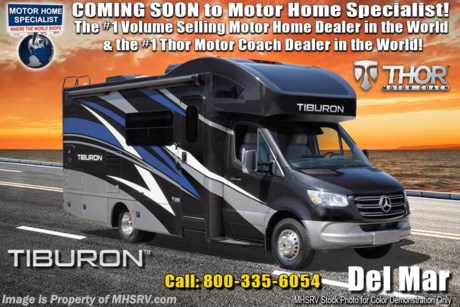 10/15/20 &lt;a href=&quot;http://www.mhsrv.com/thor-motor-coach/&quot;&gt;&lt;img src=&quot;http://www.mhsrv.com/images/sold-thor.jpg&quot; width=&quot;383&quot; height=&quot;141&quot; border=&quot;0&quot;&gt;&lt;/a&gt;  MSRP $173,350. New 2021 Thor Motor Coach Tiburon Mercedes Diesel Sprinter Model 24FB. This Luxury RV measures approximately 25 feet 8 inches in length and rides on the premier Mercedes Benz Sprinter chassis equipped with an Active Braking Assist system, Attention Assist, Active Lane Assist, a Wet Wiper System and Distance Regulator Distronic Plus. You will also find a tank-less water heater, an Onan generator and the ultra-high-line cabinetry from TMC that set this coach apart from the competition! Optional equipment includes the beautiful full-body paint exterior, auto leveling jacks with touchpad control, single child safety tether, 3.2KW Onan diesel generator, and a 15.0 low profile A/C. The all new Tiburon Sprinter also features a 5,000 lb. hitch, fiberglass front cap with skylight, an armless power patio awning with integrated LED lighting, frameless windows, a multimedia dash radio with Bluetooth and navigation, heated &amp; remote exterior mirrors, back up system, swivel captain’s chairs, full extension metal ball-bearing drawer guides, Rapid Camp+, holding tanks with heat pads and much more. For more complete details on this unit and our entire inventory including brochures, window sticker, videos, photos, reviews &amp; testimonials as well as additional information about Motor Home Specialist and our manufacturers please visit us at MHSRV.com or call 800-335-6054. At Motor Home Specialist, we DO NOT charge any prep or orientation fees like you will find at other dealerships. All sale prices include a 200-point inspection, interior &amp; exterior wash, detail service and a fully automated high-pressure rain booth test and coach wash that is a standout service unlike that of any other in the industry. You will also receive a thorough coach orientation with an MHSRV technician, an RV Starter&#39;s kit, a night stay in our delivery park featuring landscaped and covered pads with full hook-ups and much more! Read Thousands upon Thousands of 5-Star Reviews at MHSRV.com and See What They Had to Say About Their Experience at Motor Home Specialist. WHY PAY MORE? WHY SETTLE FOR LESS?
