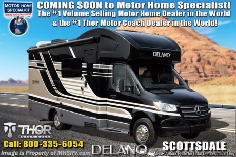 10/15/20 &lt;a href=&quot;http://www.mhsrv.com/thor-motor-coach/&quot;&gt;&lt;img src=&quot;http://www.mhsrv.com/images/sold-thor.jpg&quot; width=&quot;383&quot; height=&quot;141&quot; border=&quot;0&quot;&gt;&lt;/a&gt;  MSRP $169,300. New 2021 Thor Motor Coach Delano Mercedes Diesel Sprinter Model 24TT. This Luxury RV measures approximately 24 feet 9 inches in length and rides on the premier Mercedes Benz Sprinter chassis equipped with an Active Braking Assist system, Attention Assist, Active Lane Assist, a Wet Wiper System and Distance Regulator Distronic Plus. You will also find a tank-less water heater, an Onan generator and the ultra-high-line cabinetry from TMC that set this coach apart from the competition! Optional equipment includes the beautiful full-body paint exterior, single child safety tether, 15.0 low profile A/C, 3.2KW Onan diesel generator, and auto leveling jacks with touch pad controls. The all new Delano Sprinter also features a 5,000 lb. hitch, fiberglass front cap with skylight, an armless power patio awning with integrated LED lighting, frameless windows, a multimedia dash radio with Bluetooth and navigation, remote exterior mirrors, back up system, swivel captain’s chairs, full extension metal ball-bearing drawer guides, Rapid Camp+, holding tanks with heat pads and much more. For more complete details on this unit and our entire inventory including brochures, window sticker, videos, photos, reviews &amp; testimonials as well as additional information about Motor Home Specialist and our manufacturers please visit us at MHSRV.com or call 800-335-6054. At Motor Home Specialist, we DO NOT charge any prep or orientation fees like you will find at other dealerships. All sale prices include a 200-point inspection, interior &amp; exterior wash, detail service and a fully automated high-pressure rain booth test and coach wash that is a standout service unlike that of any other in the industry. You will also receive a thorough coach orientation with an MHSRV technician, an RV Starter&#39;s kit, a night stay in our delivery park featuring landscaped and covered pads with full hook-ups and much more! Read Thousands upon Thousands of 5-Star Reviews at MHSRV.com and See What They Had to Say About Their Experience at Motor Home Specialist. WHY PAY MORE? WHY SETTLE FOR LESS?
