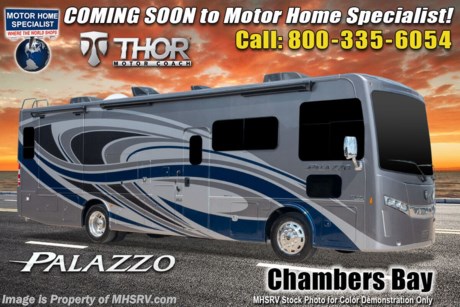 12/11/20 &lt;a href=&quot;http://www.mhsrv.com/thor-motor-coach/&quot;&gt;&lt;img src=&quot;http://www.mhsrv.com/images/sold-thor.jpg&quot; width=&quot;383&quot; height=&quot;141&quot; border=&quot;0&quot;&gt;&lt;/a&gt;  MSRP $267,750. The New 2021 Thor Motor Coach Palazzo Diesel Pusher Model 37.4 features theater seats, a power drop down loft, 100-watt solar charging system, 340 HP Cummins diesel engine with 700 lbs. of torque and a Freightliner XC chassis. This RV also includes the Studio Collection package! Standard features include bluetooth soundbar &amp; large LED Tv in the exterior entertainment center, induction cooktop, touchscreen multiplex control system with smartphone app, Winegard ConnecT 2.0 4G/Wi-Fi system, 360 Siphon Vent cap and metal adjustable shelving hardware throughout. The Palazzo also features a Carefree Latitude legless awning with Fixguard weather wrap, invisible front paint protection &amp; front electric drop-down overhead loft, 6,000 Onan diesel generator with AGS, solid surface counters, power driver&#39;s seat, inverter, residential refrigerator, solid surface countertops, (2) ducted roof A/C units, 3-camera monitoring system, one piece windshield, fiberglass storage compartments, fully automatic hydraulic leveling system, automatic entry step and much more. For more complete details on this unit and our entire inventory including brochures, window sticker, videos, photos, reviews &amp; testimonials as well as additional information about Motor Home Specialist and our manufacturers please visit us at MHSRV.com or call 800-335-6054. At Motor Home Specialist, we DO NOT charge any prep or orientation fees like you will find at other dealerships. All sale prices include a 200-point inspection, interior &amp; exterior wash, detail service and a fully automated high-pressure rain booth test and coach wash that is a standout service unlike that of any other in the industry. You will also receive a thorough coach orientation with an MHSRV technician, an RV Starter&#39;s kit, a night stay in our delivery park featuring landscaped and covered pads with full hook-ups and much more! Read Thousands upon Thousands of 5-Star Reviews at MHSRV.com and See What They Had to Say About Their Experience at Motor Home Specialist. WHY PAY MORE?... WHY SETTLE FOR LESS?