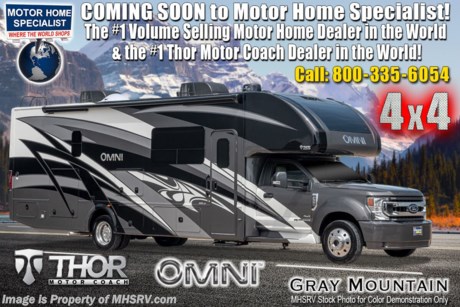 10/15/20 &lt;a href=&quot;http://www.mhsrv.com/thor-motor-coach/&quot;&gt;&lt;img src=&quot;http://www.mhsrv.com/images/sold-thor.jpg&quot; width=&quot;383&quot; height=&quot;141&quot; border=&quot;0&quot;&gt;&lt;/a&gt;  MSRP $221,288. New 2021 Thor Motor Coach Omni XG32 4x4 Super C is approximately 33 feet 6 inches in length with 2 slides, 330hp Powerstroke 6.7L diesel engine with 825 lb.-ft. torque @1600 rpm, 10 speed transmission with selectable drive modes, SYNC 3 Enhanced Voice Recognition Communications and Entertainment System, 8&quot; Color LCD touchscreen with swiping capability, 911 assist, AppLink and smart-charging USB ports and navigation. New features for 2021 include general d&#233;cor updates throughout the coach, HDMI switcher on all TVs, solar charging system with power controller, lights now deploy in the arms of the Care Free awning, new grill, automatic head lights and the FordPass Connect 4G Wi-Fi modem.  This beautiful RV features the optional single child safety tether. The Omni Super C also features a 3 camera monitoring system, aluminum wheels, automatic leveling jacks, power patio awning with LED lighting, frameless windows, keyless entry, residential refrigerator, large OTR convection microwave, solid surface kitchen counter top, ball bearing drawer guides, king size bed, large TV in living area, exterior entertainment center with sound bar, 6KW Onan diesel generator with automatic generator start, multiplex wiring control system, tankless water heater, 1800-watt inverter and much more. For additional details on this unit and our entire inventory including brochures, window sticker, videos, photos, reviews &amp; testimonials as well as additional information about Motor Home Specialist and our manufacturers please visit us at MHSRV.com or call 800-335-6054. At Motor Home Specialist, we DO NOT charge any prep or orientation fees like you will find at other dealerships. All sale prices include a 200-point inspection, interior &amp; exterior wash, detail service and a fully automated high-pressure rain booth test and coach wash that is a standout service unlike that of any other in the industry. You will also receive a thorough coach orientation with an MHSRV technician, a night stay in our delivery park featuring landscaped and covered pads with full hook-ups and much more! Read Thousands upon Thousands of 5-Star Reviews at MHSRV.com and See What They Had to Say About Their Experience at Motor Home Specialist. WHY PAY MORE? WHY SETTLE FOR LESS?