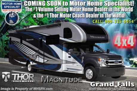 10/15/20 &lt;a href=&quot;http://www.mhsrv.com/thor-motor-coach/&quot;&gt;&lt;img src=&quot;http://www.mhsrv.com/images/sold-thor.jpg&quot; width=&quot;383&quot; height=&quot;141&quot; border=&quot;0&quot;&gt;&lt;/a&gt;  MSRP $222,151. New 2021 Thor Motor Coach Magnitude SV34 Super C is approximately 35 feet 6 inches in length with a full wall slide and is powered by the Ford&#174; 6.7L Power Stroke&#174; V8 turbo diesel engine with 330HP, 825 lb.-ft. torque and 10 speed transmission with selectable drive modes including Tow/Haul, Eco, Deep Sand/Snow. Also includes a SYNC 3 Enhanced Voice Recognition Communications and Entertainment System, 8&quot; Color LCD touchscreen with swiping capability, 911 assist, AppLink and smart-charging USB ports and navigation. New features for 2021 include general d&#233;cor updates throughout the coach, HDMI switcher on all TVs, solar charging system with power controller, lights now deploy in the arms of the Care Free awning, new grill, automatic head lights and the FordPass Connect 4G Wi-Fi modem.  This beautiful RV also features the optional leatherette theater seats and the single child safety tether. The Magnitude Super C also features a 3 camera monitoring system, aluminum wheels, automatic leveling jacks, power patio awning with LED lighting, frameless windows, keyless entry, residential refrigerator, large OTR convection microwave, solid surface kitchen counter top, ball bearing drawer guides, king size bed, large TV in living area, exterior entertainment center with sound bar, 6KW Onan diesel generator with automatic generator start, multiplex wiring control system, tankless water heater, 1800-watt inverter and much more. For additional details on this unit and our entire inventory including brochures, window sticker, videos, photos, reviews &amp; testimonials as well as additional information about Motor Home Specialist and our manufacturers please visit us at MHSRV.com or call 800-335-6054. At Motor Home Specialist, we DO NOT charge any prep or orientation fees like you will find at other dealerships. All sale prices include a 200-point inspection, interior &amp; exterior wash, detail service and a fully automated high-pressure rain booth test and coach wash that is a standout service unlike that of any other in the industry. You will also receive a thorough coach orientation with an MHSRV technician, a night stay in our delivery park featuring landscaped and covered pads with full hook-ups and much more! Read Thousands upon Thousands of 5-Star Reviews at MHSRV.com and See What They Had to Say About Their Experience at Motor Home Specialist. WHY PAY MORE? WHY SETTLE FOR LESS?
