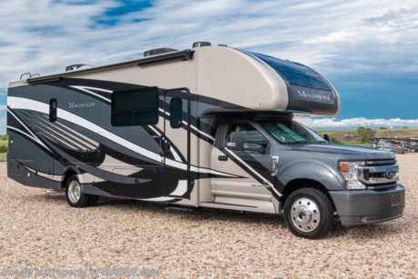 MSRP $221,918. New 2021 Thor Motor Coach Magnitude SV34 Super C is approximately 35 feet 6 inches in length with a full wall slide and is powered by the Ford&#174; 6.7L Power Stroke&#174; V8 turbo diesel engine with 330HP, 825 lb.-ft. torque and 10 speed transmission with selectable drive modes including Tow/Haul, Eco, Deep Sand/Snow. Also includes a SYNC 3 Enhanced Voice Recognition Communications and Entertainment System, 8&quot; Color LCD touchscreen with swiping capability, 911 assist, AppLink and smart-charging USB ports and navigation. New features for 2021 include general d&#233;cor updates throughout the coach, HDMI switcher on all TVs, solar charging system with power controller, lights now deploy in the arms of the Care Free awning, new grill, automatic head lights and the FordPass Connect 4G Wi-Fi modem.  This beautiful RV also features the optional single child safety tether. The Magnitude Super C also features a 3 camera monitoring system, aluminum wheels, automatic leveling jacks, power patio awning with LED lighting, frameless windows, keyless entry, residential refrigerator, large OTR convection microwave, solid surface kitchen counter top, ball bearing drawer guides, king size bed, large TV in living area, exterior entertainment center with sound bar, 6KW Onan diesel generator with automatic generator start, multiplex wiring control system, tankless water heater, 1800-watt inverter and much more. For additional details on this unit and our entire inventory including brochures, window sticker, videos, photos, reviews &amp; testimonials as well as additional information about Motor Home Specialist and our manufacturers please visit us at MHSRV.com or call 800-335-6054. At Motor Home Specialist, we DO NOT charge any prep or orientation fees like you will find at other dealerships. All sale prices include a 200-point inspection, interior &amp; exterior wash, detail service and a fully automated high-pressure rain booth test and coach wash that is a standout service unlike that of any other in the industry. You will also receive a thorough coach orientation with an MHSRV technician, a night stay in our delivery park featuring landscaped and covered pads with full hook-ups and much more! Read Thousands upon Thousands of 5-Star Reviews at MHSRV.com and See What They Had to Say About Their Experience at Motor Home Specialist. WHY PAY MORE? WHY SETTLE FOR LESS?
