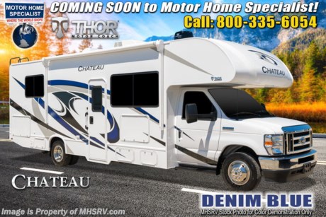 10/15/20 &lt;a href=&quot;http://www.mhsrv.com/thor-motor-coach/&quot;&gt;&lt;img src=&quot;http://www.mhsrv.com/images/sold-thor.jpg&quot; width=&quot;383&quot; height=&quot;141&quot; border=&quot;0&quot;&gt;&lt;/a&gt;  MSRP $114,188. The new 2021 Thor Motor Coach Chateau Class C RV 28Z is approximately 29 feet 11 inches in length featuring the new Ford chassis with a 7.3L V8 engine, 350HP and 468lb-ft of torque. New features for the 2021 Chateau a new dash stereo, all new exteriors, new flooring, decorative kitchen glass inserts, new valance &amp; headboards, LED taillights and much more. Additional options include theater seats, upgraded cabinetry, electric stabilizing system, heated remote exterior mirrors with side cameras, leatherette driver/passenger chairs, power drivers seat, cockpit carpet mat, keyless cab entry, valve stem extenders, dash applique, cab-over safety net, single child safety tether, 3 burner range with oven and glass cover, convection microwave, bedroom TV, exterior entertainment center, upgraded A/C, second auxiliary battery, outside shower, and holding tanks with heat pads. The Chateau RV has an incredible list of standard features including power windows and locks, power patio awning with integrated LED lighting, roof ladder, in-dash media center AM/FM &amp; Bluetooth, power vent in bath, skylight above shower, Onan generator, cab A/C and so much more. For additional details on this unit and our entire inventory including brochures, window sticker, videos, photos, reviews &amp; testimonials as well as additional information about Motor Home Specialist and our manufacturers please visit us at MHSRV.com or call 800-335-6054. At Motor Home Specialist, we DO NOT charge any prep or orientation fees like you will find at other dealerships. All sale prices include a 200-point inspection, interior &amp; exterior wash, detail service and a fully automated high-pressure rain booth test and coach wash that is a standout service unlike that of any other in the industry. You will also receive a thorough coach orientation with an MHSRV technician, a night stay in our delivery park featuring landscaped and covered pads with full hook-ups and much more! Read Thousands upon Thousands of 5-Star Reviews at MHSRV.com and See What They Had to Say About Their Experience at Motor Home Specialist. WHY PAY MORE? WHY SETTLE FOR LESS?