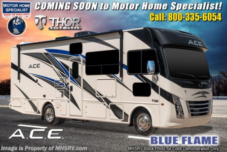 12/11/20 &lt;a href=&quot;http://www.mhsrv.com/thor-motor-coach/&quot;&gt;&lt;img src=&quot;http://www.mhsrv.com/images/sold-thor.jpg&quot; width=&quot;383&quot; height=&quot;141&quot; border=&quot;0&quot;&gt;&lt;/a&gt;  MSRP $141,766. New 2021 Thor Motor Coach A.C.E. Model 32.3 Bunk Model is approximately 33 feet 5 inches in length and rides on Fords new chassis featuring a 7.3L PFI V-8, 350HP, 468 ft. lbs. torque engine, a 6-speed TorqShift&#174; automatic transmission, an updated instrument cluster, automatic headlights and a tilt/telescoping steering wheel. A few additional new features for 2021 include 2 new partial paint exterior options, general d&#233;cor updates throughout, upgraded radio with Apple CarPlay &amp; Android Auto, Serta mattress, LED rear taillights and much more. Options include the beautiful partial paint exterior, solar charging system with power controller, Home Collection decor and a single child safety tether. The A.C.E. also features a drop down overhead loft, multiple USB charging ports throughout, Winegard ConnecT Wifi extender + 4G, bedroom TV, exterior entertainment center, attic fans, black tank flush, second auxiliary battery, power side mirrors with integrated side view cameras, a mud-room, roof ladder, generator, electric patio awning with integrated LED lights, stainless steel wheel liners, hitch, valve stem extenders, refrigerator, microwave, water heater, one-piece windshield with &quot;20/20 vision&quot; front cap that helps eliminate heat and sunlight from getting into the drivers vision, cockpit mirrors, slide-out workstation in the dash, floor level cockpit window for better visibility while turning and a &quot;below floor&quot; furnace and water heater helping keep the noise to an absolute minimum and the exhaust away from the kids and pets.  For additional details on this unit and our entire inventory including brochures, window sticker, videos, photos, reviews &amp; testimonials as well as additional information about Motor Home Specialist and our manufacturers please visit us at MHSRV.com or call 800-335-6054. At Motor Home Specialist, we DO NOT charge any prep or orientation fees like you will find at other dealerships. All sale prices include a 200-point inspection, interior &amp; exterior wash, detail service and a fully automated high-pressure rain booth test and coach wash that is a standout service unlike that of any other in the industry. You will also receive a thorough coach orientation with an MHSRV technician, a night stay in our delivery park featuring landscaped and covered pads with full hook-ups and much more! Read Thousands upon Thousands of 5-Star Reviews at MHSRV.com and See What They Had to Say About Their Experience at Motor Home Specialist. WHY PAY MORE? WHY SETTLE FOR LESS?