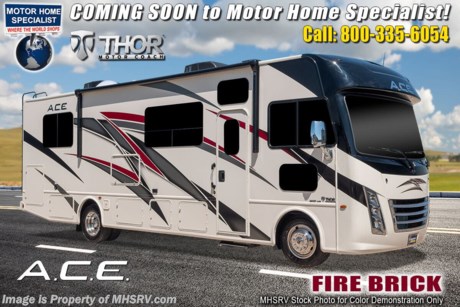 4-19-21 &lt;a href=&quot;http://www.mhsrv.com/thor-motor-coach/&quot;&gt;&lt;img src=&quot;http://www.mhsrv.com/images/sold-thor.jpg&quot; width=&quot;383&quot; height=&quot;141&quot; border=&quot;0&quot;&gt;&lt;/a&gt;  MSRP $131,723. New 2021 Thor Motor Coach A.C.E. Model 27.2 is approximately 28 feet 9 inches in length and rides on Fords new chassis featuring a 7.3L PFI V-8, 350HP, 468 ft. lbs. torque engine, a 6-speed TorqShift&#174; automatic transmission, an updated instrument cluster, automatic headlights and a tilt/telescoping steering wheel. A few additional new features for 2021 include 2 new partial paint exterior options, general d&#233;cor updates throughout, upgraded radio with Apple CarPlay &amp; Android Auto, Serta mattress, LED rear taillights and much more. Options include the beautiful partial paint exterior, solar charging system with power controller and a single child safety tether. The A.C.E. also features a drop down overhead loft, multiple USB charging ports throughout, Winegard ConnecT Wifi extender + 4G, bedroom TV, exterior entertainment center, attic fans, black tank flush, second auxiliary battery, power side mirrors with integrated side view cameras, a mud-room, roof ladder, generator, electric patio awning with integrated LED lights, stainless steel wheel liners, hitch, valve stem extenders, refrigerator, microwave, water heater, one-piece windshield with &quot;20/20 vision&quot; front cap that helps eliminate heat and sunlight from getting into the drivers vision, cockpit mirrors, slide-out workstation in the dash, floor level cockpit window for better visibility while turning and a &quot;below floor&quot; furnace and water heater helping keep the noise to an absolute minimum and the exhaust away from the kids and pets.  For additional details on this unit and our entire inventory including brochures, window sticker, videos, photos, reviews &amp; testimonials as well as additional information about Motor Home Specialist and our manufacturers please visit us at MHSRV.com or call 800-335-6054. At Motor Home Specialist, we DO NOT charge any prep or orientation fees like you will find at other dealerships. All sale prices include a 200-point inspection, interior &amp; exterior wash, detail service and a fully automated high-pressure rain booth test and coach wash that is a standout service unlike that of any other in the industry. You will also receive a thorough coach orientation with an MHSRV technician, a night stay in our delivery park featuring landscaped and covered pads with full hook-ups and much more! Read Thousands upon Thousands of 5-Star Reviews at MHSRV.com and See What They Had to Say About Their Experience at Motor Home Specialist. WHY PAY MORE? WHY SETTLE FOR LESS?