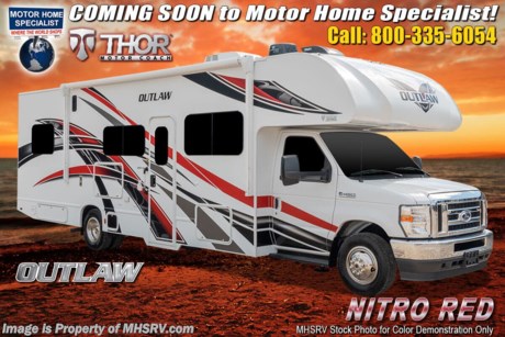 4-19-21 &lt;a href=&quot;http://www.mhsrv.com/thor-motor-coach/&quot;&gt;&lt;img src=&quot;http://www.mhsrv.com/images/sold-thor.jpg&quot; width=&quot;383&quot; height=&quot;141&quot; border=&quot;0&quot;&gt;&lt;/a&gt;  MSRP $133,321. New 2021 Thor Motor Coach Outlaw Toy Hauler model 29J measures 31 feet 1 inch in length with the new Ford chassis with a 7.3L V8 engine, 350HP and 468lb-ft of torque, slide-out, ramp door, swivel driver &amp; passenger chairs, dual sofas and a cab over loft. Options include the HD-Max exterior, 100 watt solar charging system with power controller and the child safety net. New features for 2021 include all new exterior colors, a new dash stereo allowing direct USB mirroring port, general d&#233;cor updates throughout, LED taillights IPO bulb lights and much more. The Outlaw toy hauler RV has an incredible list of standard features such as a tankless water heater, Winegard ConnecT WiFi, holding tanks with heat pads, attic fan, bug screen curtain in the garage, lighted battery disconnect switch, large kitchen sink, recessed cooktop with glass cover, fully automatic leveling jacks, large swivel TV with DVD player in the cab over bunk area, power patio awning, exterior shower, heated exterior mirrors, 3 camera monitoring system, valve stem extenders, convection microwave, flat panel TV in the garage, Onan generator and much more. For additional details on this unit and our entire inventory including brochures, window sticker, videos, photos, reviews &amp; testimonials as well as additional information about Motor Home Specialist and our manufacturers please visit us at MHSRV.com or call 800-335-6054. At Motor Home Specialist, we DO NOT charge any prep or orientation fees like you will find at other dealerships. All sale prices include a 200-point inspection, interior &amp; exterior wash, detail service and a fully automated high-pressure rain booth test and coach wash that is a standout service unlike that of any other in the industry. You will also receive a thorough coach orientation with an MHSRV technician, a night stay in our delivery park featuring landscaped and covered pads with full hook-ups and much more! Read Thousands upon Thousands of 5-Star Reviews at MHSRV.com and See What They Had to Say About Their Experience at Motor Home Specialist. WHY PAY MORE? WHY SETTLE FOR LESS?