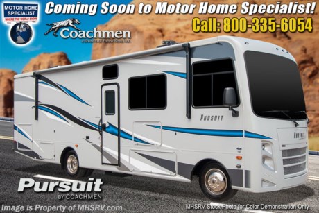 2-27-21 &lt;a href=&quot;http://www.mhsrv.com/coachmen-rv/&quot;&gt;&lt;img src=&quot;http://www.mhsrv.com/images/sold-coachmen.jpg&quot; width=&quot;383&quot; height=&quot;141&quot; border=&quot;0&quot;&gt;&lt;/a&gt; MSRP $143,226. The All New 2021 Coachmen Pursuit 31BH. This new Class A motor home is approximately 31 feet 9 inches length with a full wall slide, king size bed, new Ford chassis with 7.3L PFI V-8, 350HP, 468 ft. lbs. torque engine, a 6-speed TorqShift&#174; automatic transmission, an updated instrument cluster, automatic headlights and a tilt/telescoping steering wheel. New features for 2021 include a solar panel, new exterior colors, 15,000 BTU air conditioner, upgraded exterior speakers integrated in the awning, exterior entertainment center, hydraulic levelers, a new front dash, general d&#233;cor updates throughout, a drop down loft  and much more. Each Pursuit comes standard with self-closing drawer guides, hardwood cabinet doors, cockpit table, coach TV with DVD player, pantry, power bath vent, skylight, double coach battery, cruise control, back up monitor, power entrance step, power patio awning, hitch with 7-way plug, roof ladder and much more. For additional details on this unit and our entire inventory including brochures, window sticker, videos, photos, reviews &amp; testimonials as well as additional information about Motor Home Specialist and our manufacturers please visit us at MHSRV.com or call 800-335-6054. At Motor Home Specialist, we DO NOT charge any prep or orientation fees like you will find at other dealerships. All sale prices include a 200-point inspection, interior &amp; exterior wash, detail service and a fully automated high-pressure rain booth test and coach wash that is a standout service unlike that of any other in the industry. You will also receive a thorough coach orientation with an MHSRV technician, a night stay in our delivery park featuring landscaped and covered pads with full hook-ups and much more! Read Thousands upon Thousands of 5-Star Reviews at MHSRV.com and See What They Had to Say About Their Experience at Motor Home Specialist. WHY PAY MORE? WHY SETTLE FOR LESS?