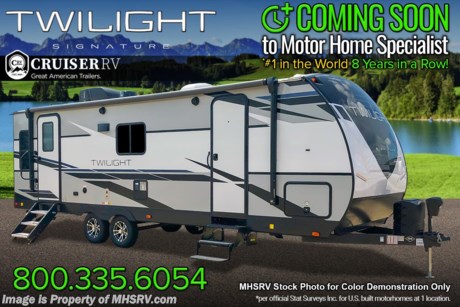 3/9/21 &lt;a href=&quot;http://www.mhsrv.com/travel-trailers/&quot;&gt;&lt;img src=&quot;http://www.mhsrv.com/images/sold-traveltrailer.jpg&quot; width=&quot;383&quot; height=&quot;141&quot; border=&quot;0&quot;&gt;&lt;/a&gt;  The 2021 Twilight Luxury Travel Trailer by Thor Industry&#39;s Cruiser RV Division. Model TWS 2500 is approximately 29 feet 11 inches in length featuring a large living area, large windows for tons of natural light and upgraded amenities inside &amp; out! This amazing RV hosts the Signature Package which features a King Size Serta Comfort Mattress, Dual Nightstands w/ 110v Power, Black-Out Roller Shades, Adjustable Reading Lights w/ USB Charging Ports, Goodyear Tires w/ Aluminum Rims, Dexter Axles, Rear Ladder w/ Walkable Roof, Power Tongue Jack, 15K BTU High-Performance AC, Whole-Home Dual Ducted AC System, Insulated Holding Tanks w/ Forced Heat Protection , Triple Seal Slide System Technology, Rain-A-Way Radius Roof Construction, Solid Surface Kitchen Countertops, Stainless Steel Fridge, Gourmet Recessed Oven, High Output Range Hood,  Residential High-Rise Faucet w/ Pull-out Sprayer, Dream Dinette Tech System, Residential Tri-Fold Sofa, Porcelain Toilet, Large LED TV and a Bluetooth Stereo System. This Twilight also features the optional theater seats IPO tri-fold sofa and stabilizer jacks. MSRP $37,514 excluding freight &amp; destination charges to MHSRV. For additional details on this unit and our entire inventory including brochures, window sticker, videos, photos, reviews &amp; testimonials as well as additional information about Motor Home Specialist and our manufacturers please visit us at MHSRV.com or call 800-335-6054. At Motor Home Specialist, we DO NOT charge any prep or orientation fees like you will find at other dealerships. All sale prices include a 200-point inspection, interior &amp; exterior wash, detail service and a fully automated high-pressure rain booth test and coach wash that is a standout service unlike that of any other in the industry. You will also receive a thorough coach orientation with an MHSRV technician, a night stay in our delivery park featuring landscaped and covered pads with full hook-ups and much more! Read Thousands upon Thousands of 5-Star Reviews at MHSRV.com and See What They Had to Say About Their Experience at Motor Home Specialist. WHY PAY MORE? WHY SETTLE FOR LESS?