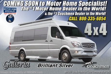/sold 1-1-21 MSRP $213,125. New 2021 Coachmen Galleria Model 24Q. This luxury Class B RV measures approximately 24 feet 3 inches in length featuring a rear sofa, quad seats, power armless awning with wind sensing and LED lighting, rear screen/shade, Truma Combi Furnace/Water heater, macerator, convection microwave, Fantastic Fan with rain sensor, induction cooktop, solid surface counter top, LED TV, LED lighting, solar panel, USB ports and ground effect lighting. The well-equipped RV features the Li3 Lithium Battery System which features a 600 amp hour lithium battery, 2nd under hood alternator, multi-stage volt regulator, battery management system, 3000watt inverter and battery monitor IPO 2.5KW LP generator. Options include a the 4x4 chassis upgrade, Pro Air 20K BTU 12 volt A/C, Phase Change insulation upgrade, Solar package, Polar Package plus tank heating system, aluminum wheels, side entry screen door, upgraded front window covers, Sumo Springs suspension, and the Travel Easy Roadside Assistance. This amazing motor home also includes the Mercedes Sprinter 170 extended chassis option featuring the distance regulator distronic plus, back up camera with dynamic guide lines to assist the driver, Parktronic electric parking aid, rear cross traffic alert, drive away assist, active lane keeping assist, attention assist, traffic sign assist and active break assist.
For additional details on this unit and our entire inventory including brochures, window sticker, videos, photos, reviews &amp; testimonials as well as additional information about Motor Home Specialist and our manufacturers please visit us at MHSRV.com or call 800-335-6054. At Motor Home Specialist, we DO NOT charge any prep or orientation fees like you will find at other dealerships. All sale prices include a 200-point inspection, interior &amp; exterior wash, detail service and a fully automated high-pressure rain booth test and coach wash that is a standout service unlike that of any other in the industry. You will also receive a thorough coach orientation with an MHSRV technician, a night stay in our delivery park featuring landscaped and covered pads with full hook-ups and much more! Read Thousands upon Thousands of 5-Star Reviews at MHSRV.com and See What They Had to Say About Their Experience at Motor Home Specialist. WHY PAY MORE? WHY SETTLE FOR LESS?